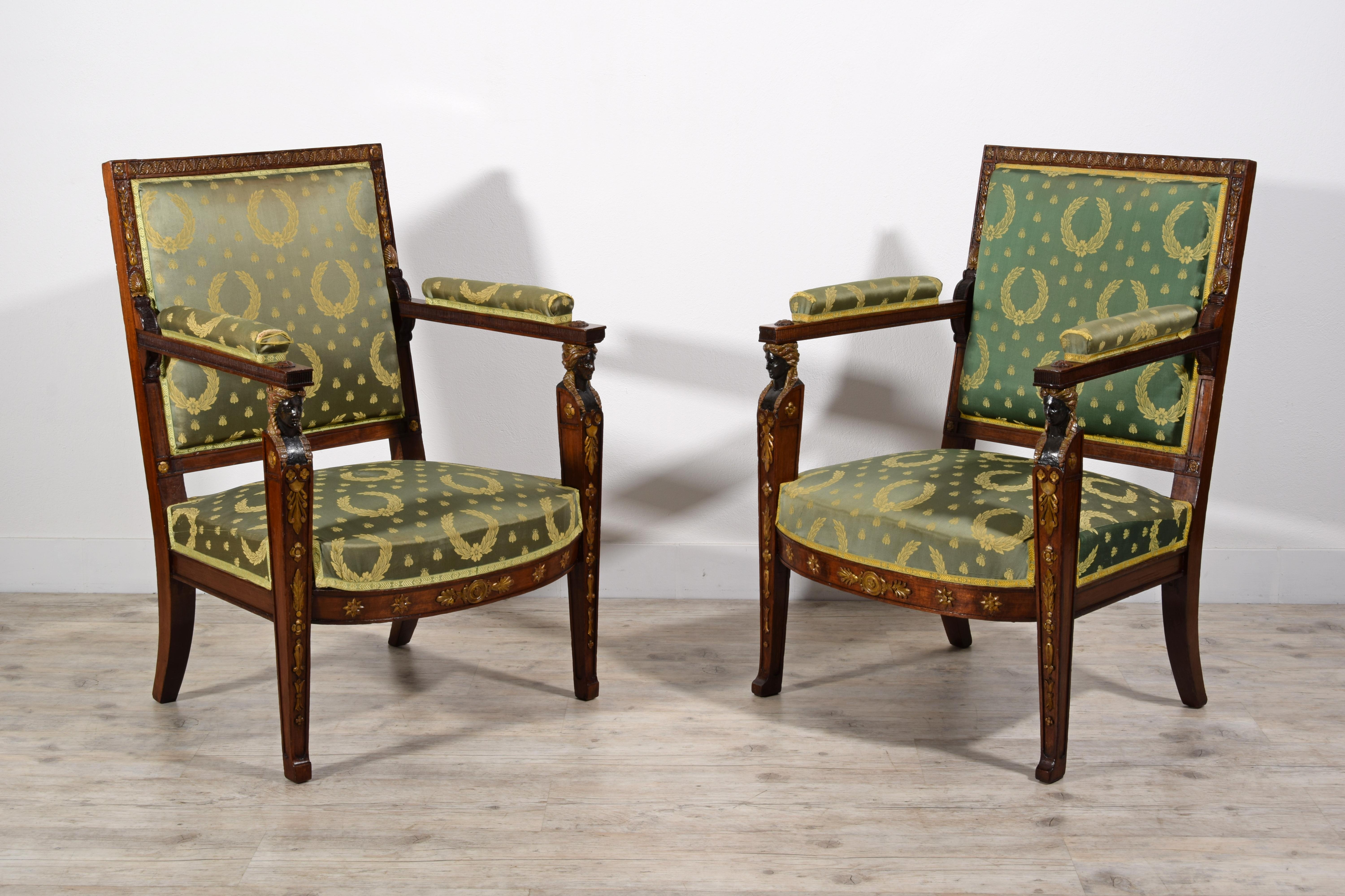 19th Century, Pair of French Empire Style Wood Armchairs For Sale 5