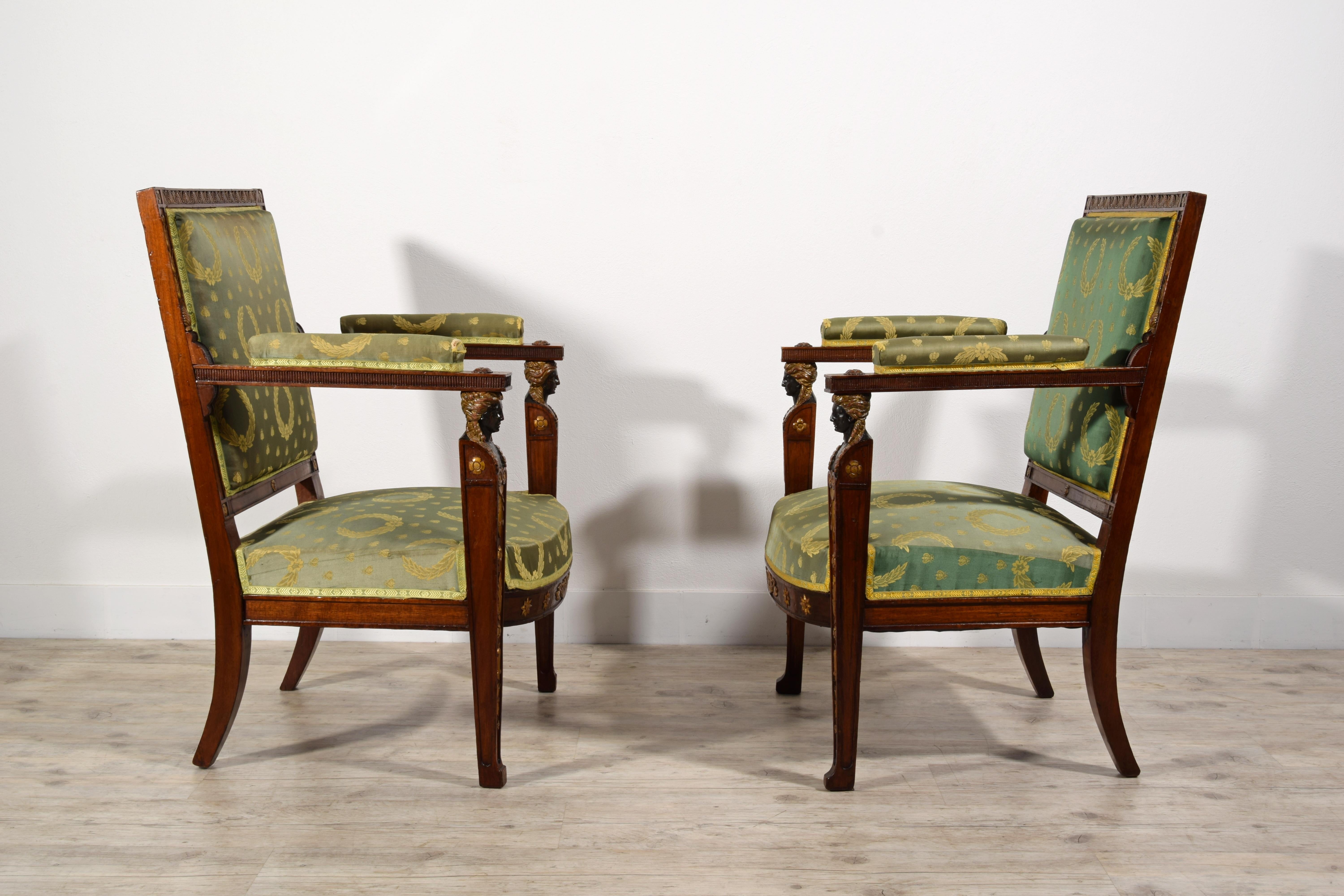 19th Century, Pair of French Empire Style Wood Armchairs For Sale 6