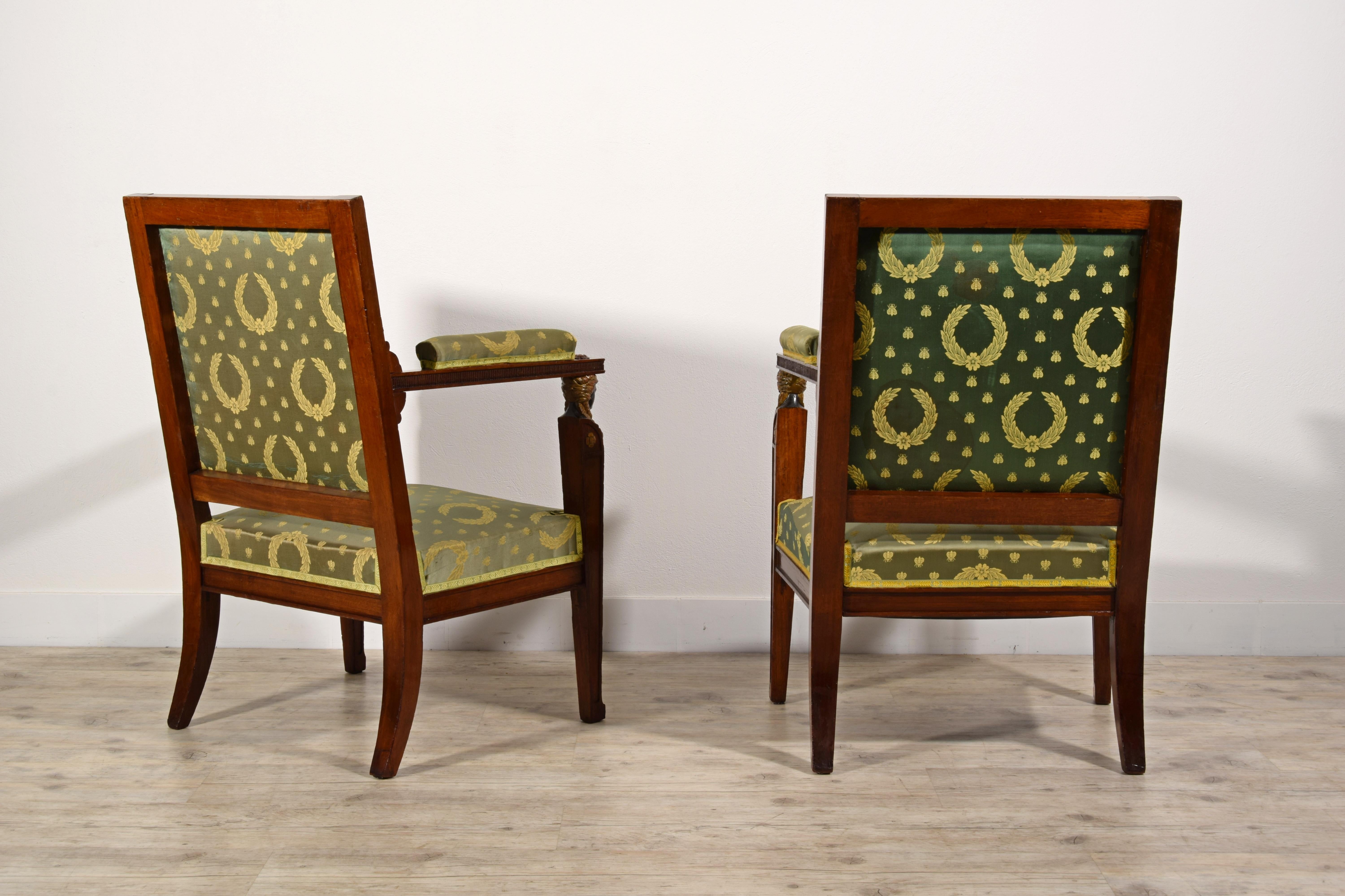 19th Century, Pair of French Empire Style Wood Armchairs For Sale 7