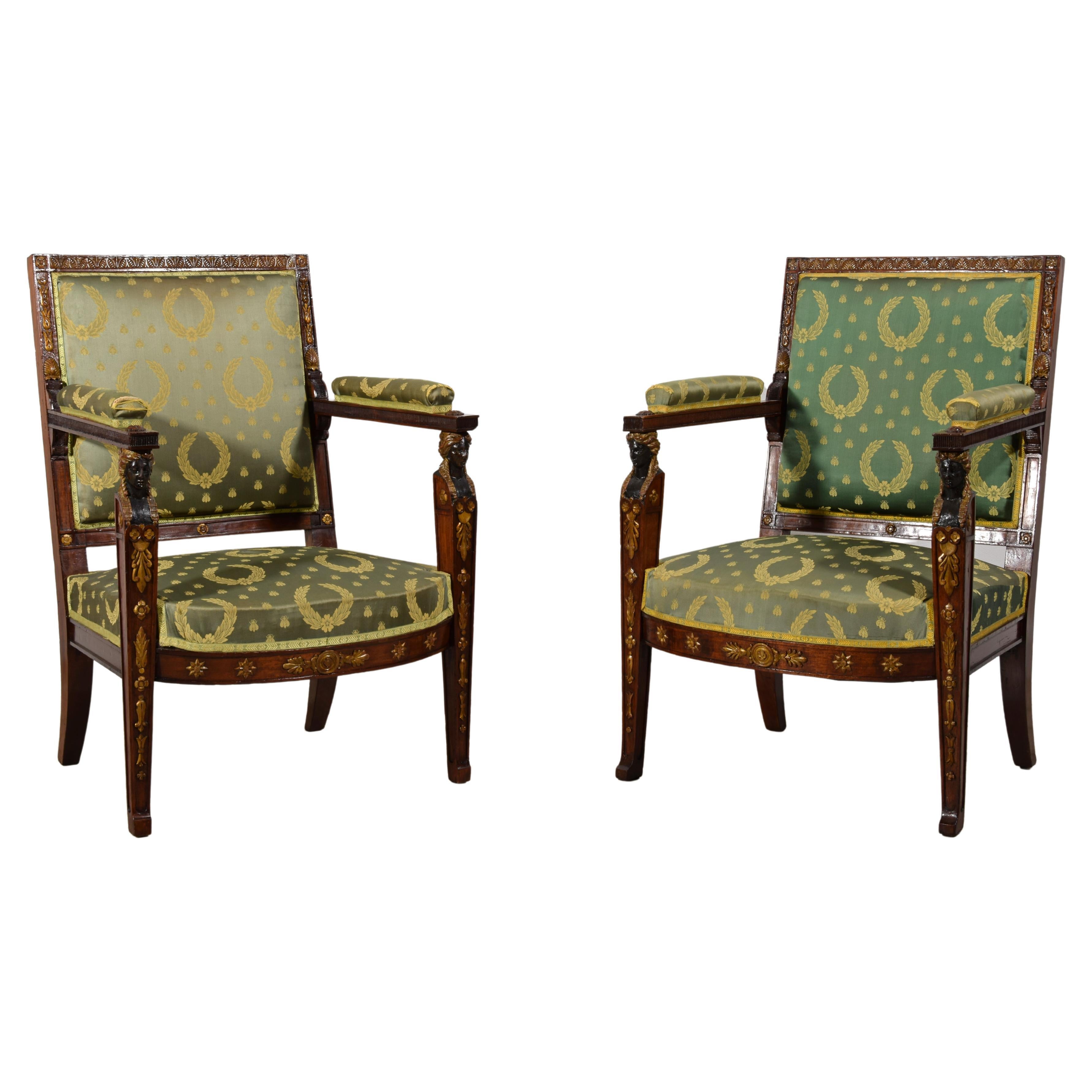 19th Century, Pair of French Empire Style Wood Armchairs For Sale