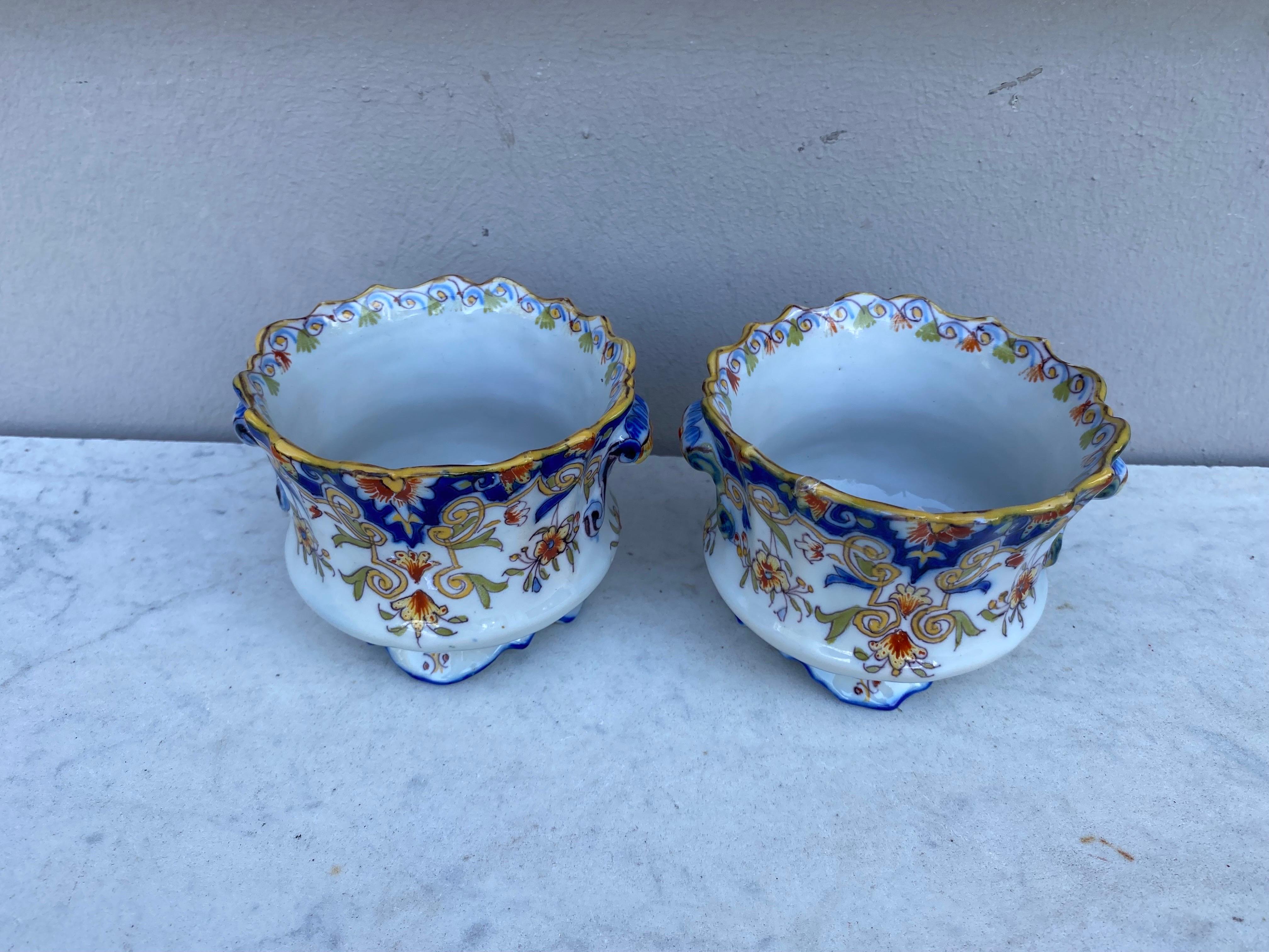 Rustic 19th Century Pair Of French Faience Cache Pots Desvres For Sale