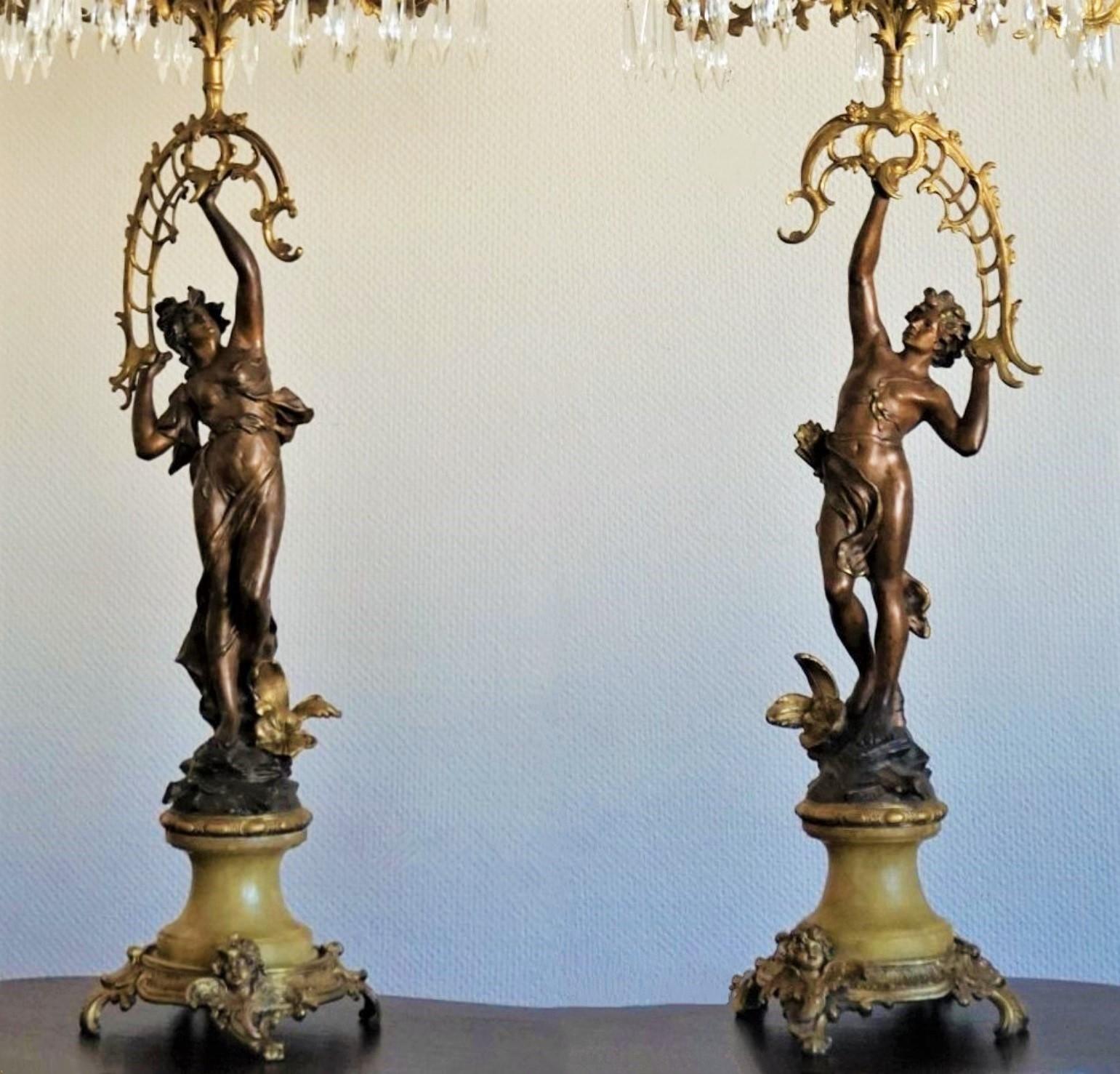 Empire 19th Century Pair of French Figurines Patinated and Doré Bronze Candelabra