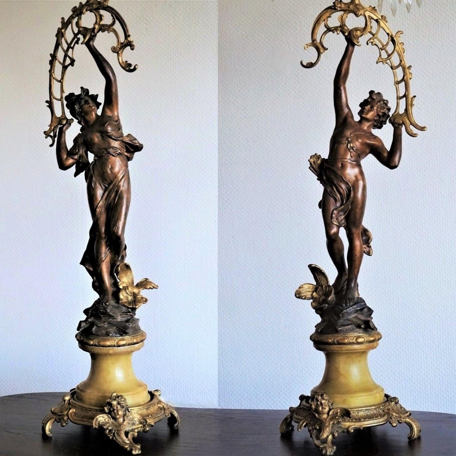 Gilt 19th Century Pair of French Figurines Patinated and Doré Bronze Candelabra