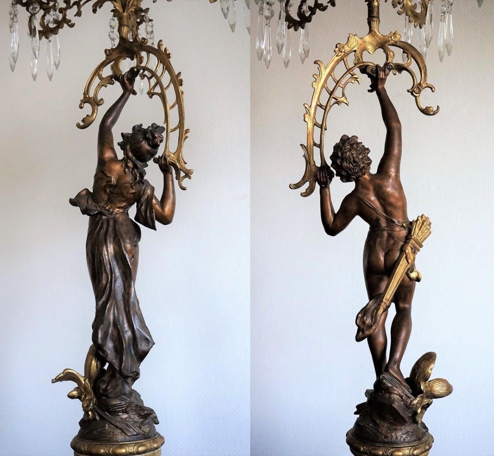 19th Century Pair of French Figurines Patinated and Doré Bronze Candelabra 4