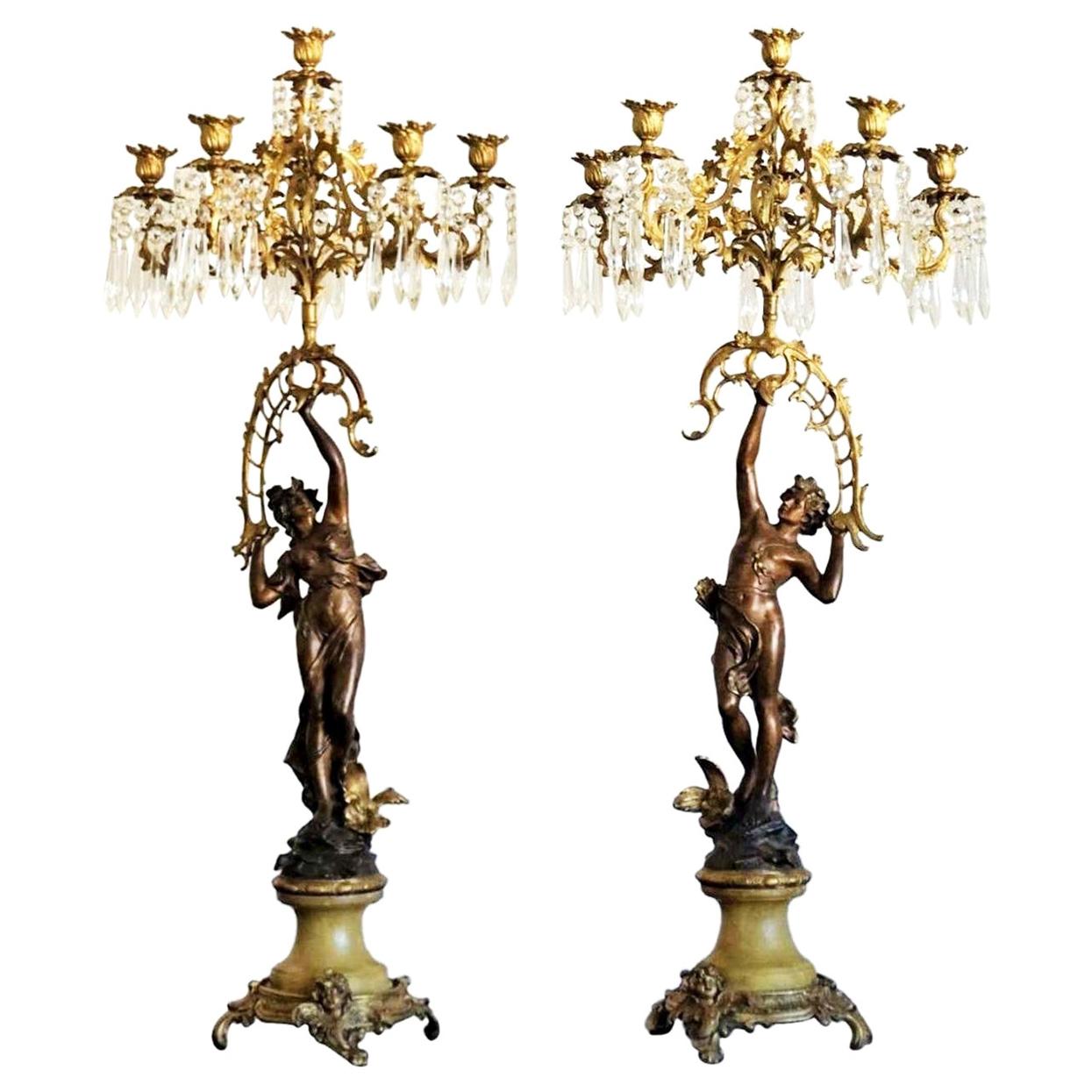 19th Century Pair of French Figurines Patinated and Doré Bronze Candelabras