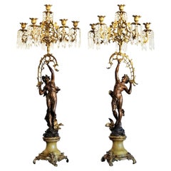19th Century Pair of French Figurines Patinated and Doré Bronze Candelabras