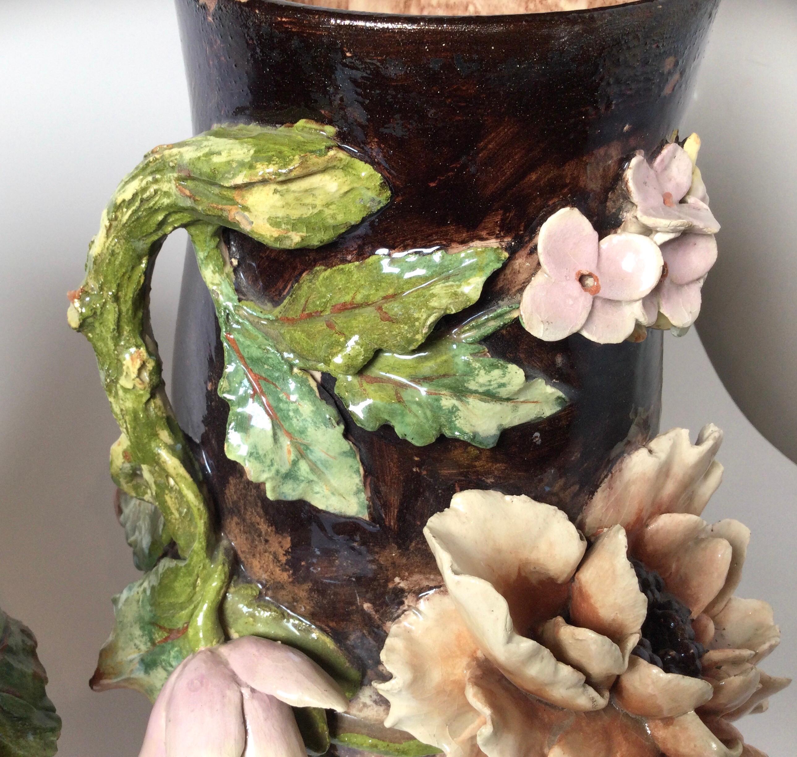 19th Century Pair of French Floral Barbotine Majolica Vases 3