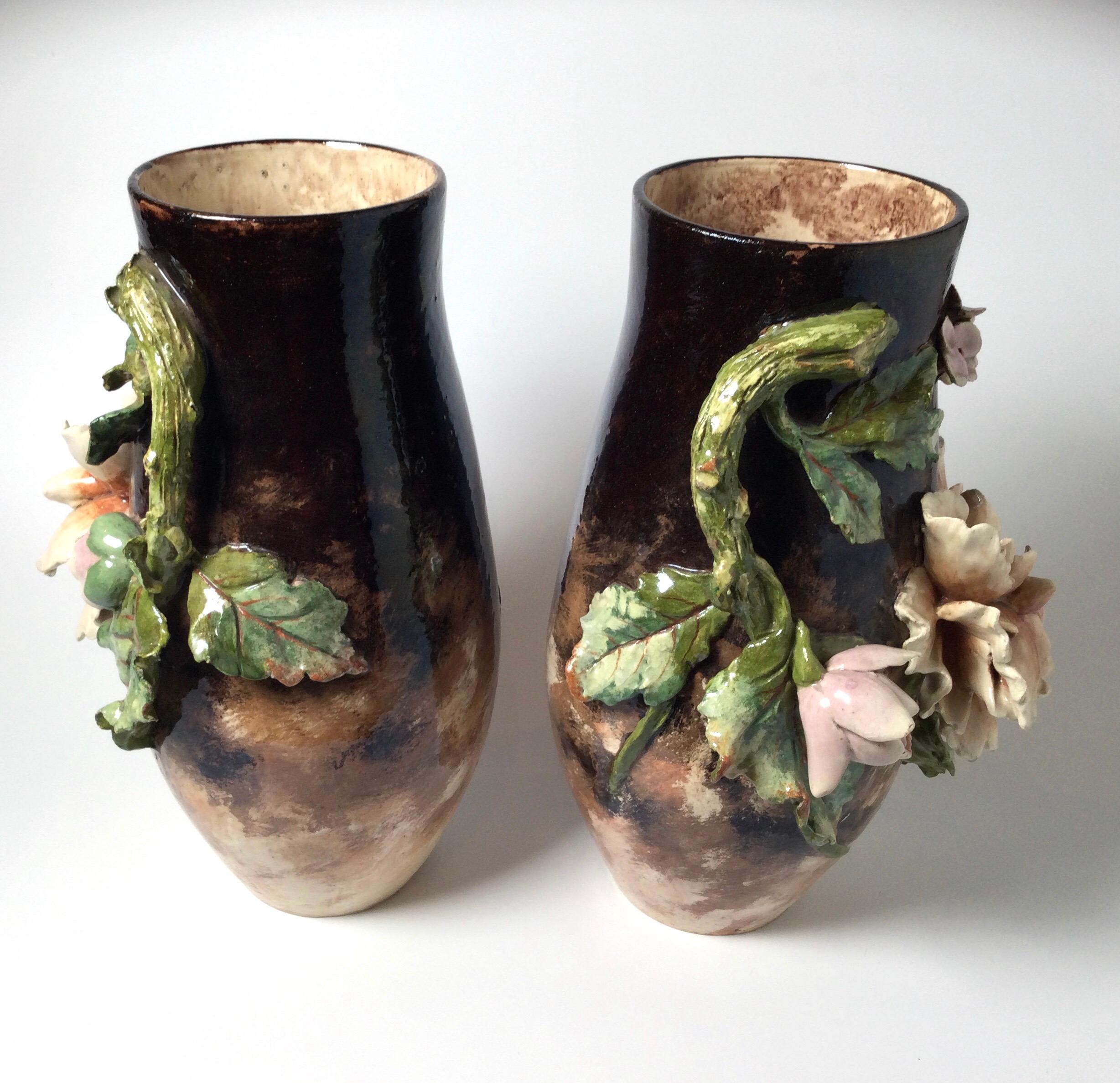 19th Century Pair of French Floral Barbotine Majolica Vases 4