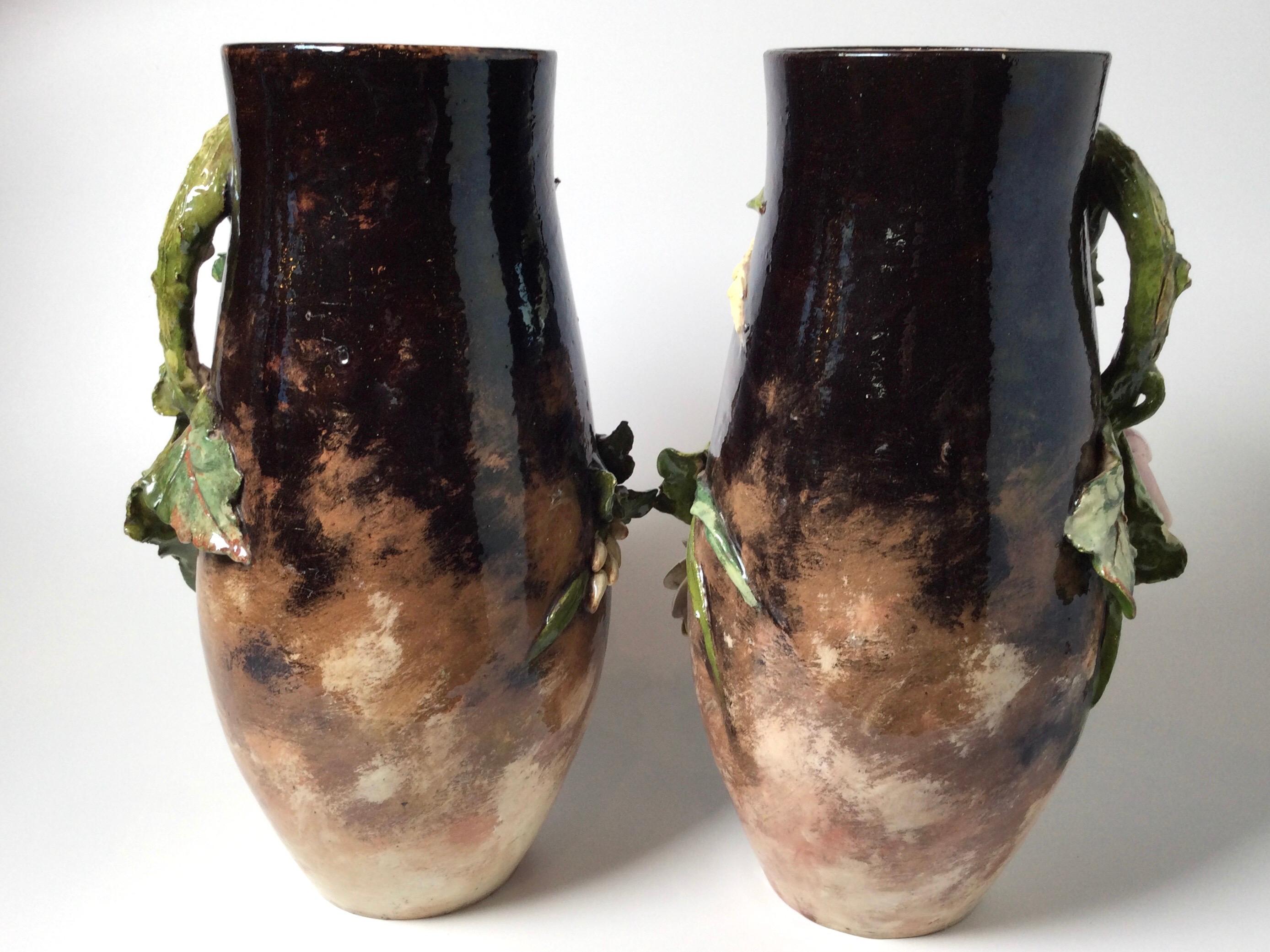 19th Century Pair of French Floral Barbotine Majolica Vases 5