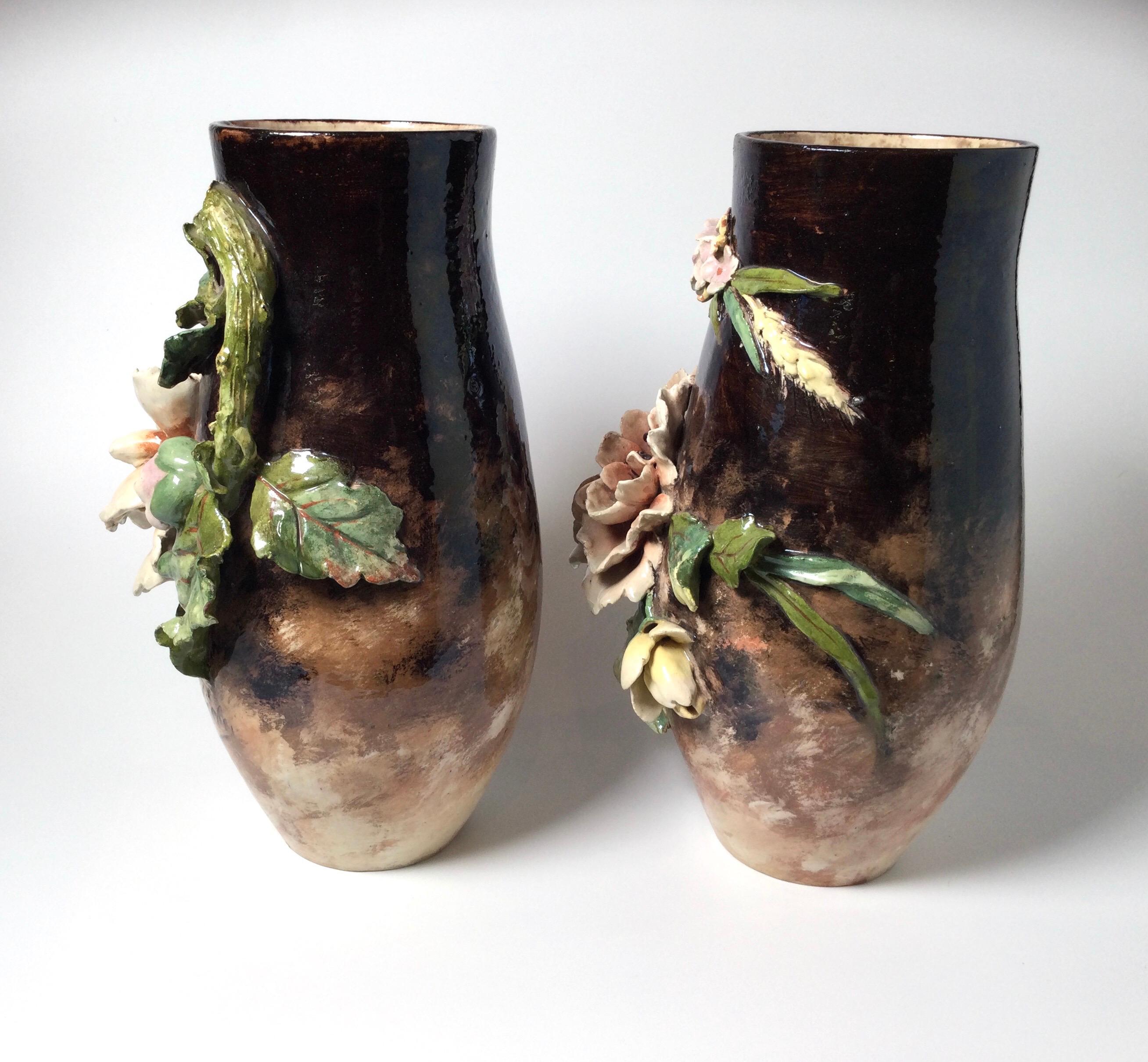 19th Century Pair of French Floral Barbotine Majolica Vases 6