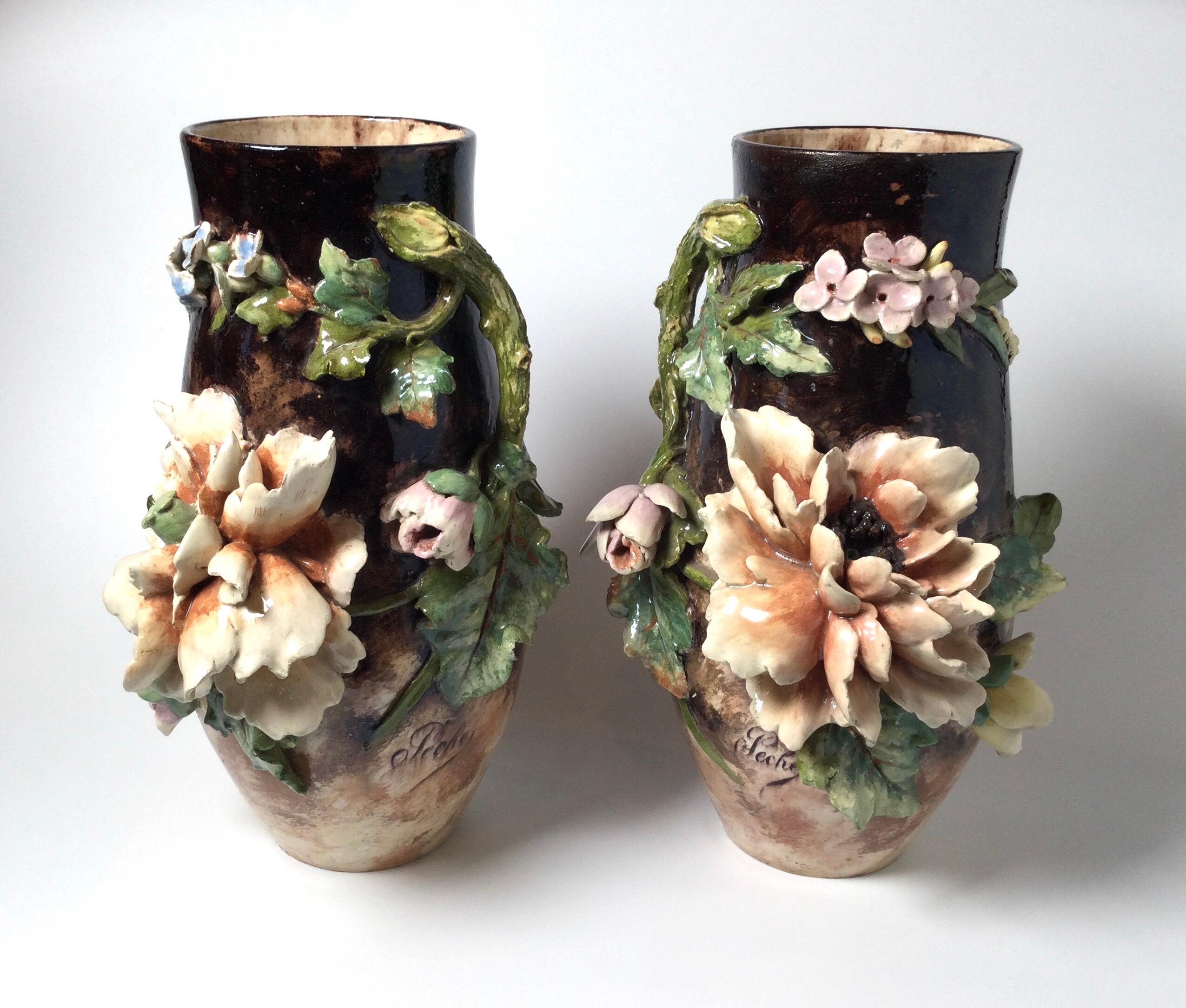 19th Century Pair of French Floral Barbotine Majolica Vases 7