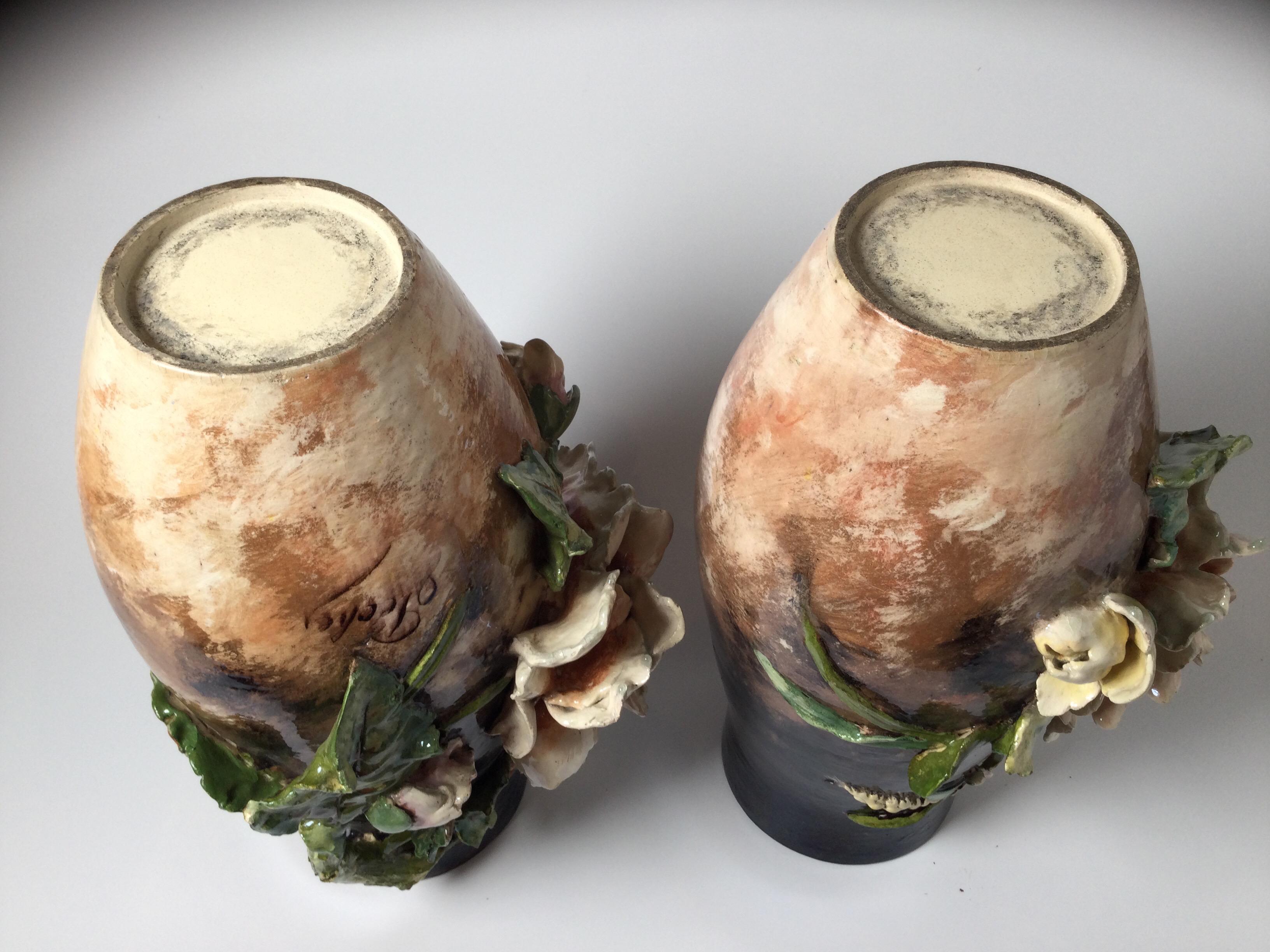 19th Century Pair of French Floral Barbotine Majolica Vases 8