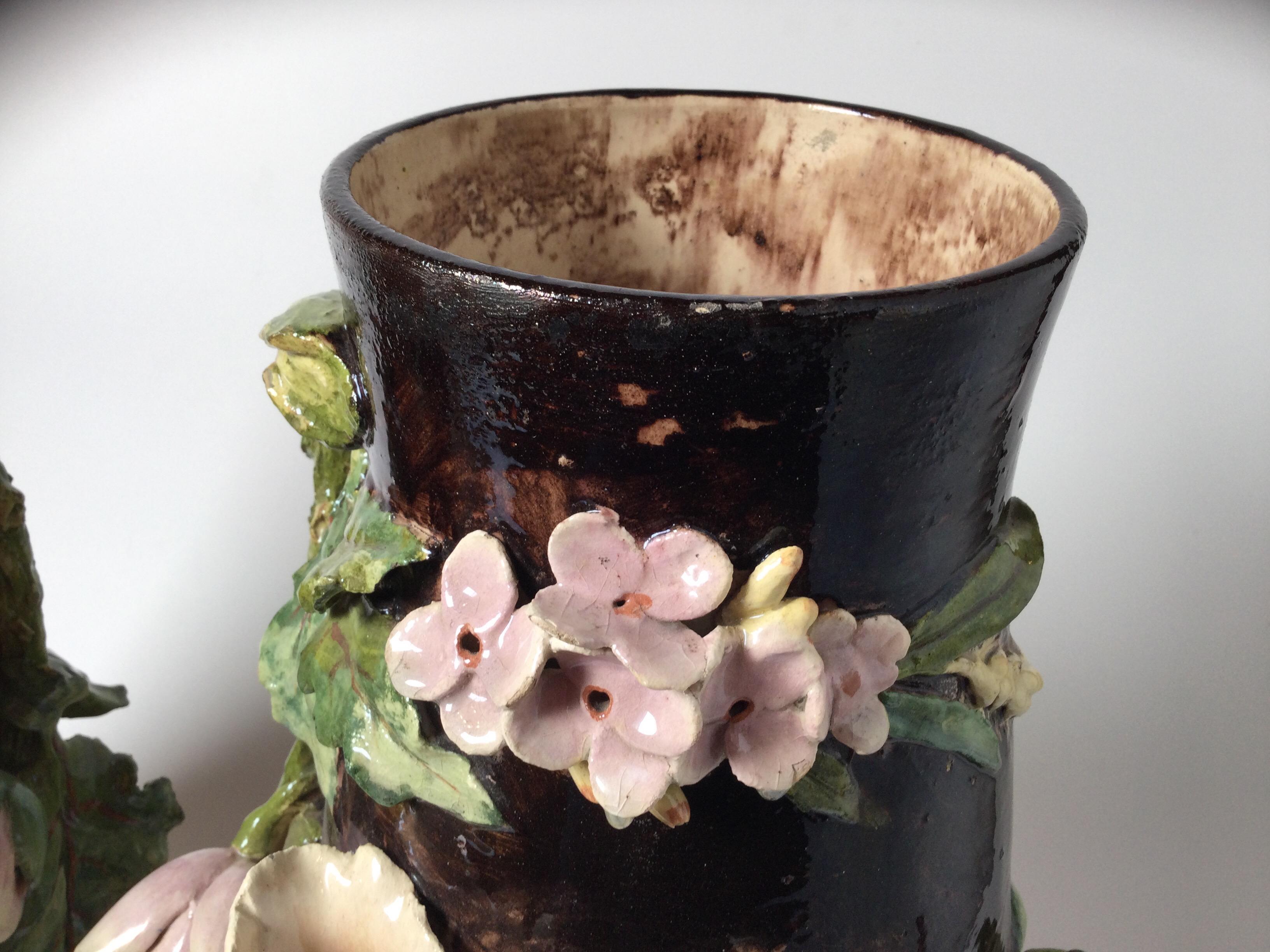 Victorian 19th Century Pair of French Floral Barbotine Majolica Vases