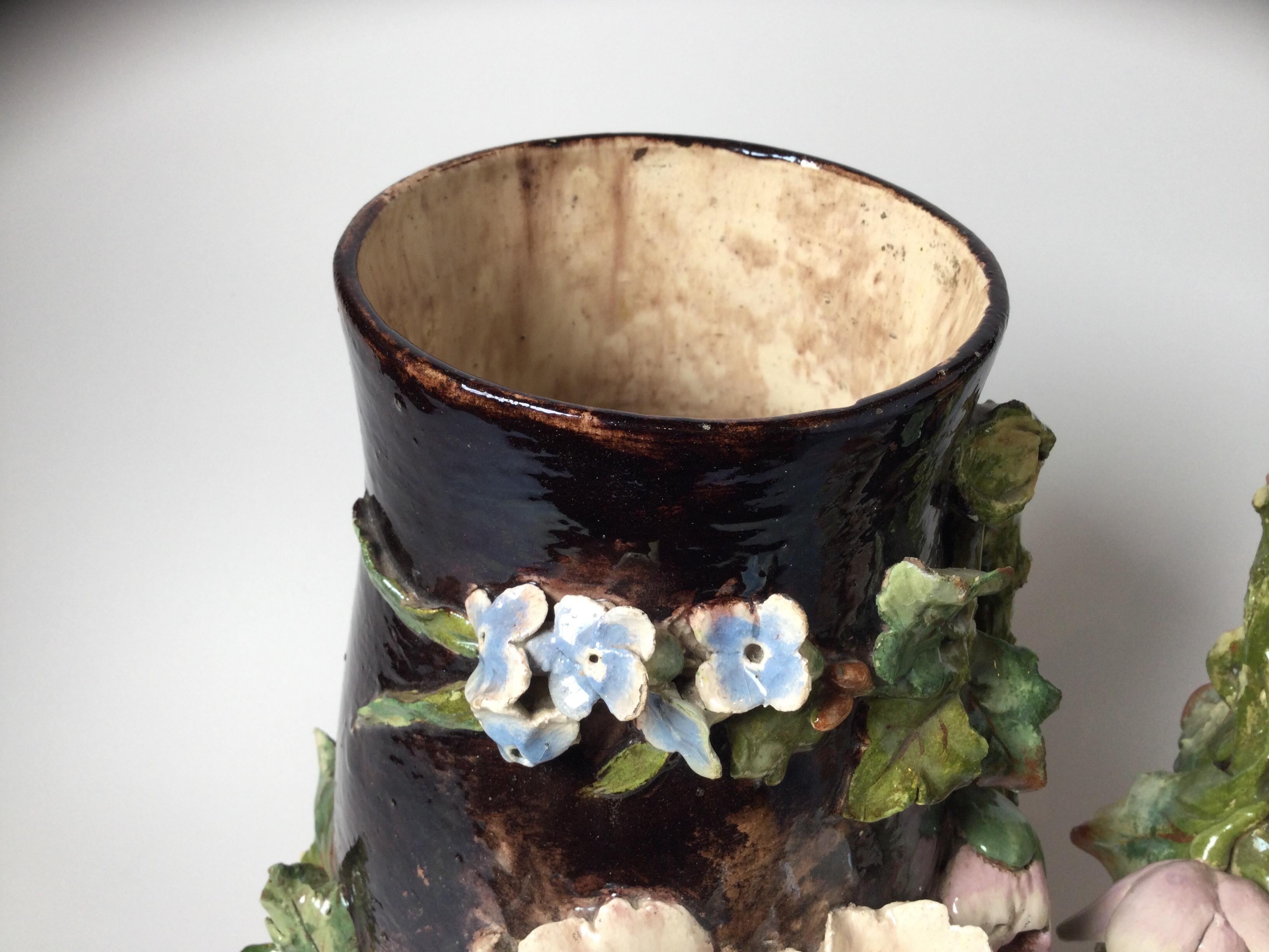 19th Century Pair of French Floral Barbotine Majolica Vases In Good Condition In Lambertville, NJ