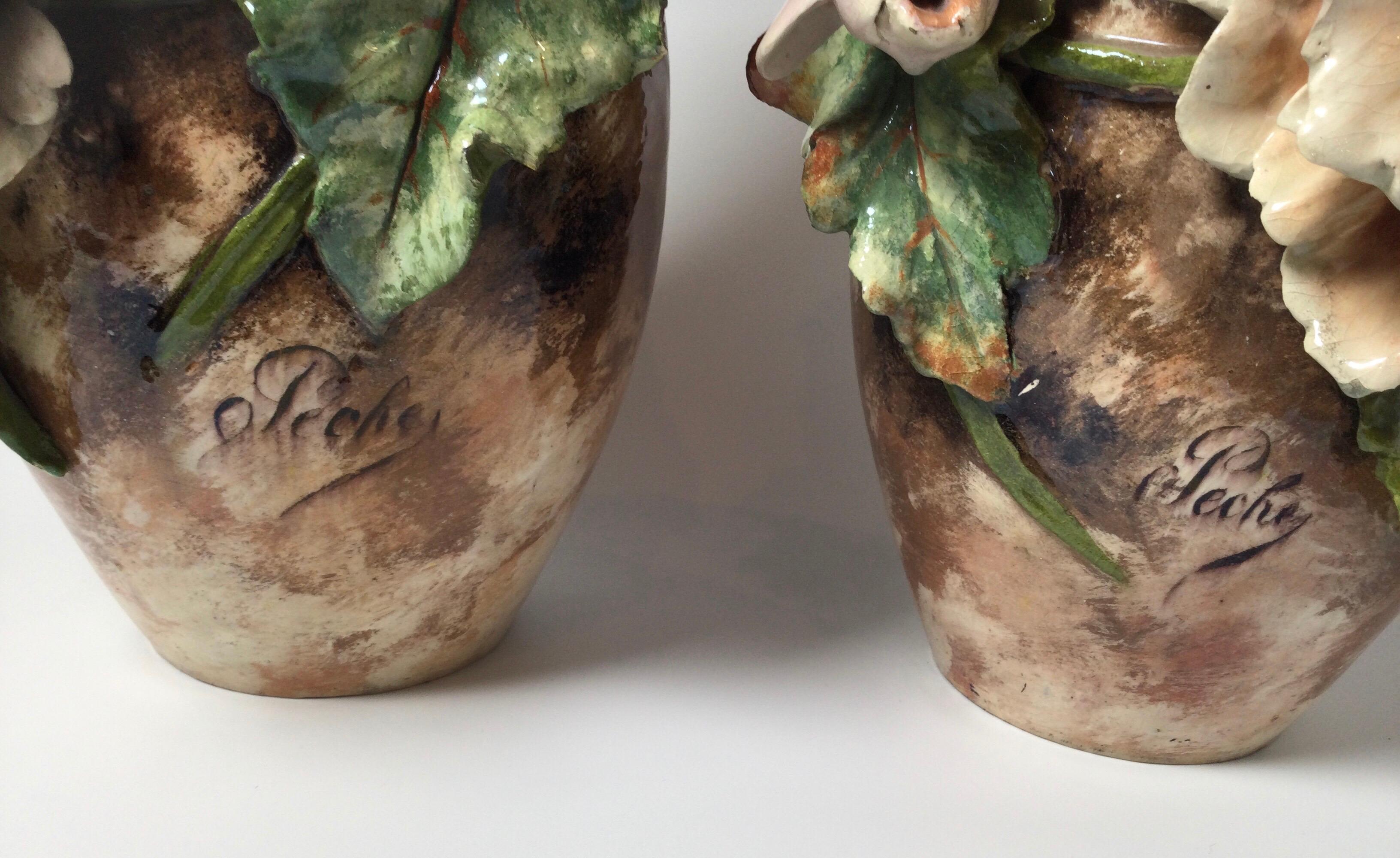 Late 19th Century 19th Century Pair of French Floral Barbotine Majolica Vases