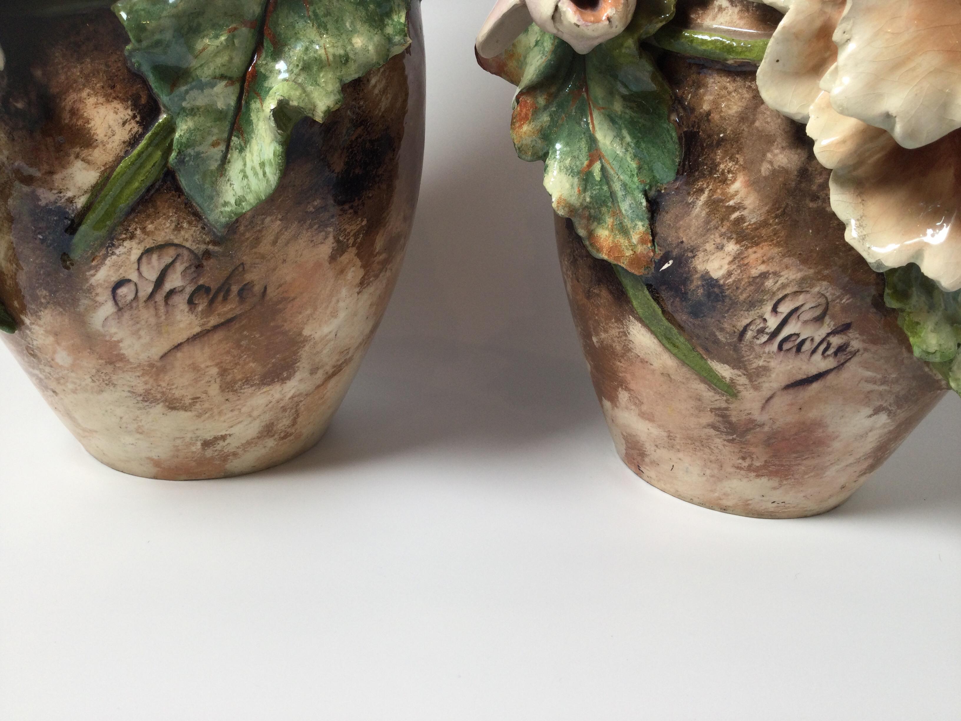 19th Century Pair of French Floral Barbotine Majolica Vases 1