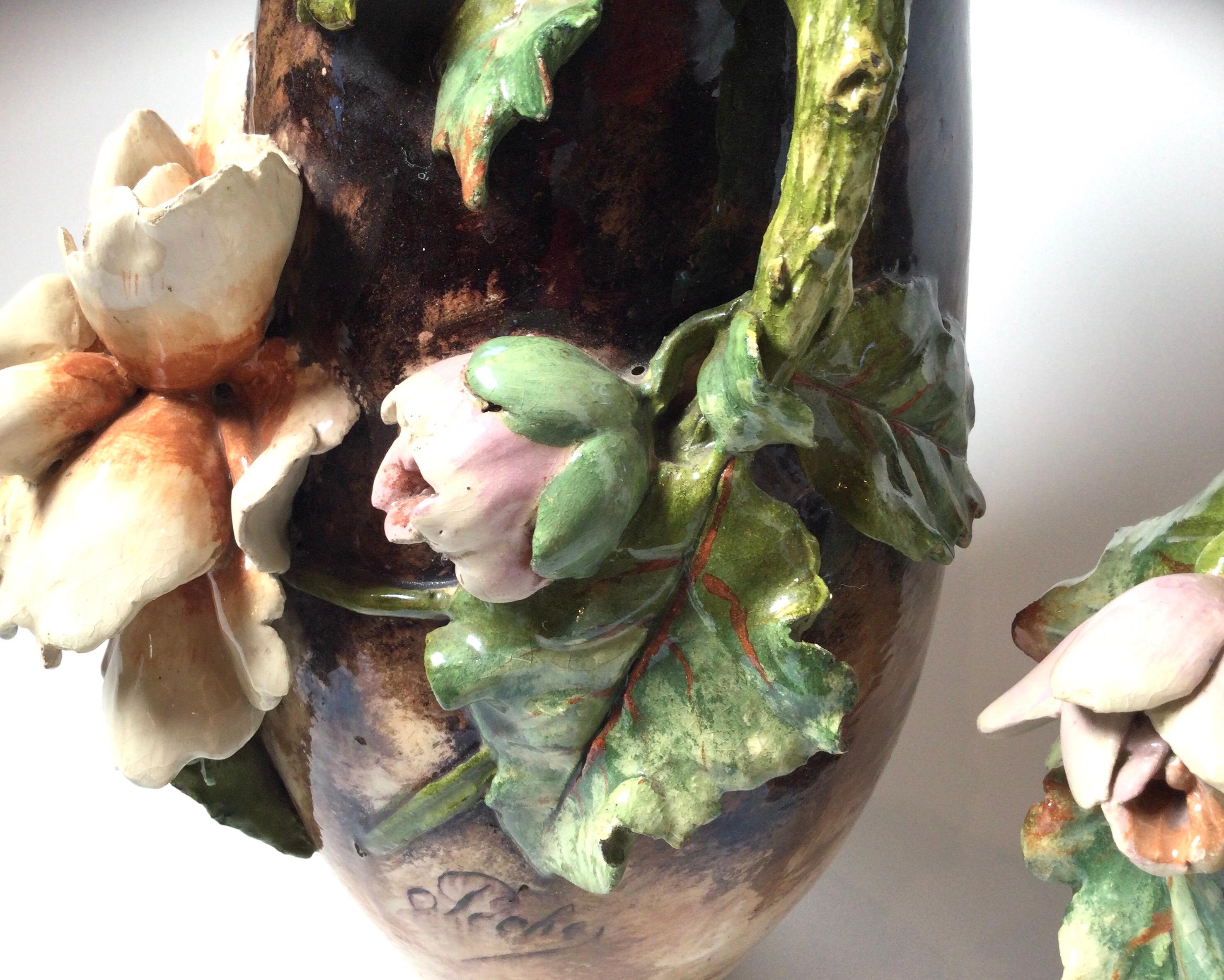 19th Century Pair of French Floral Barbotine Majolica Vases 2