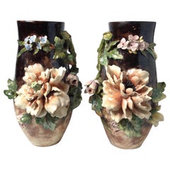 19th Century Pair of French Floral Barbotine Majolica Vases