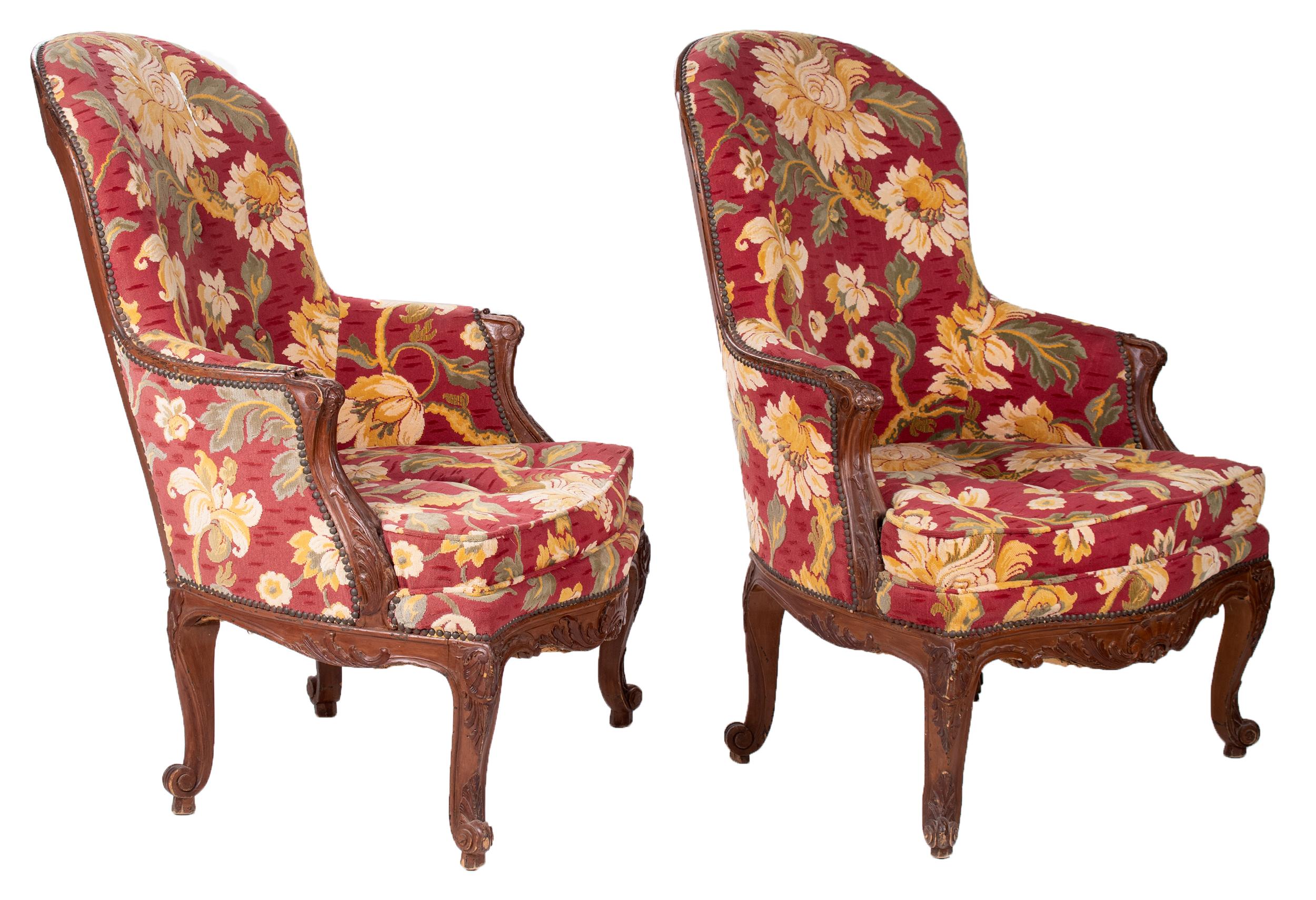19th century pair of French floral upholstered chairs.