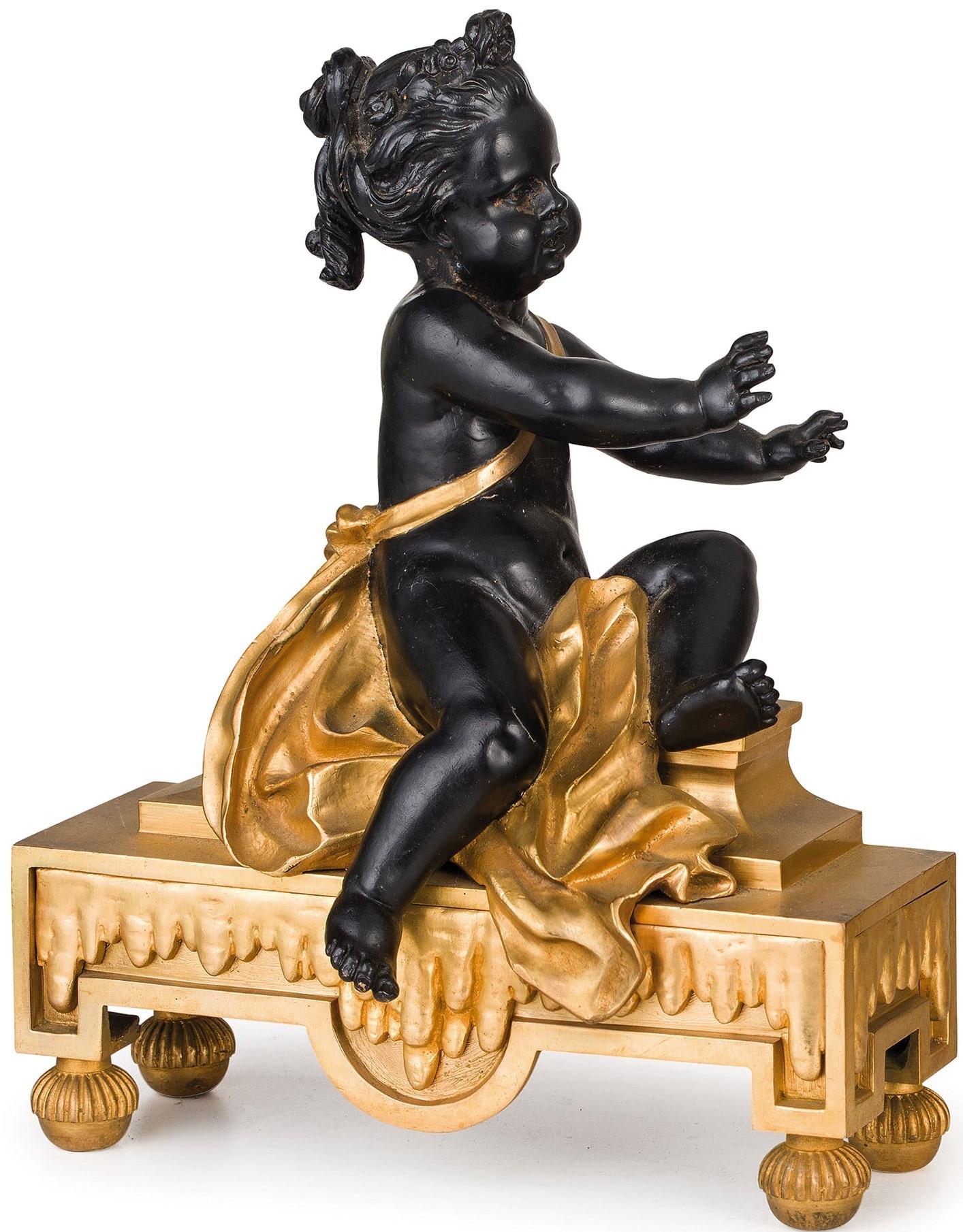 19th century, pair of French Louis XVI style gilt and dark patina bronze fireplace chenets

The charming and particular pair of bronze fireplace chenets was made in the 19th century in France, in Louis XVI style. It represents a pair of children,