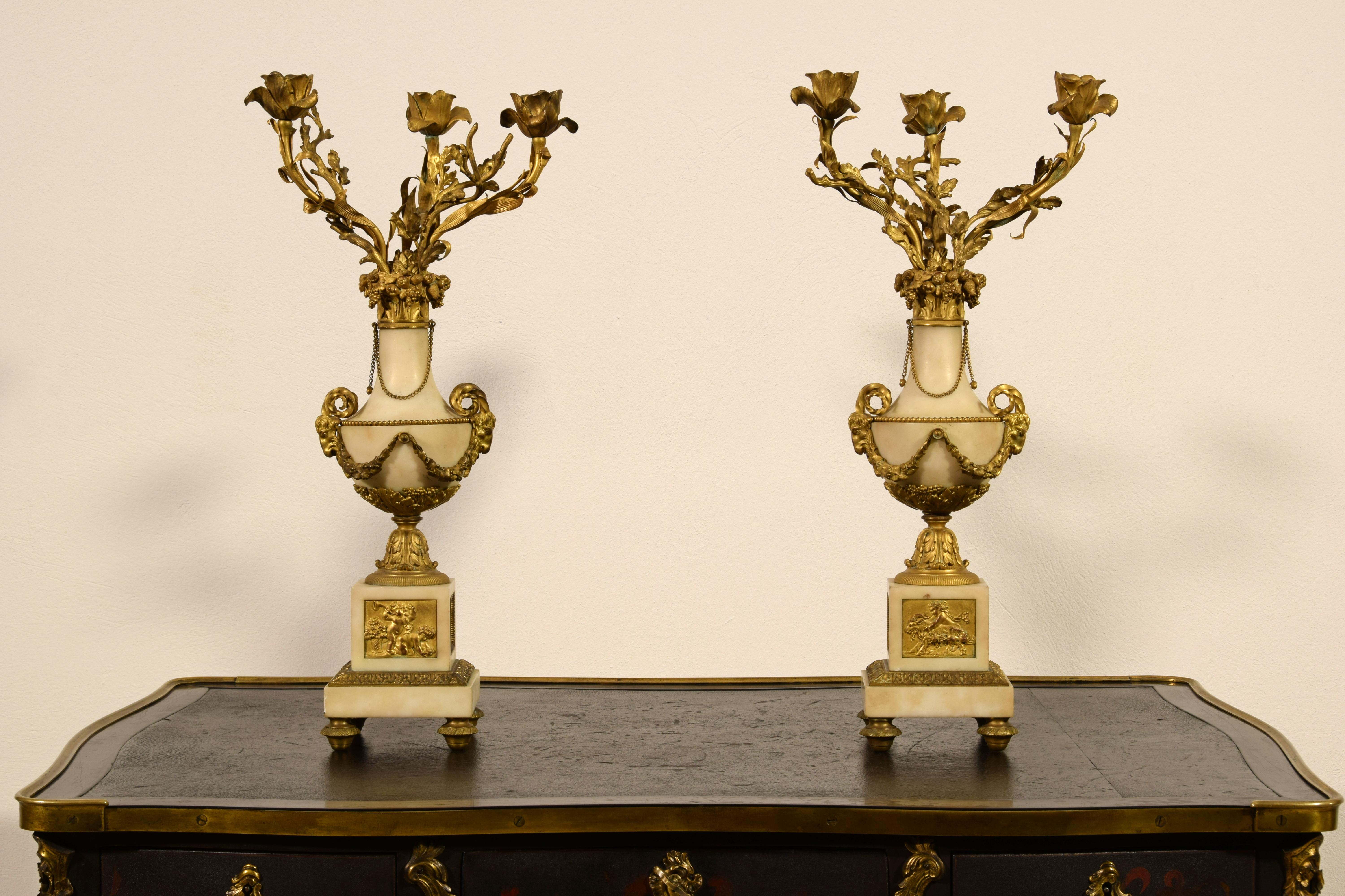 19th Century, Pair of French Gilt Bronze and Marble Candelabra For Sale 11