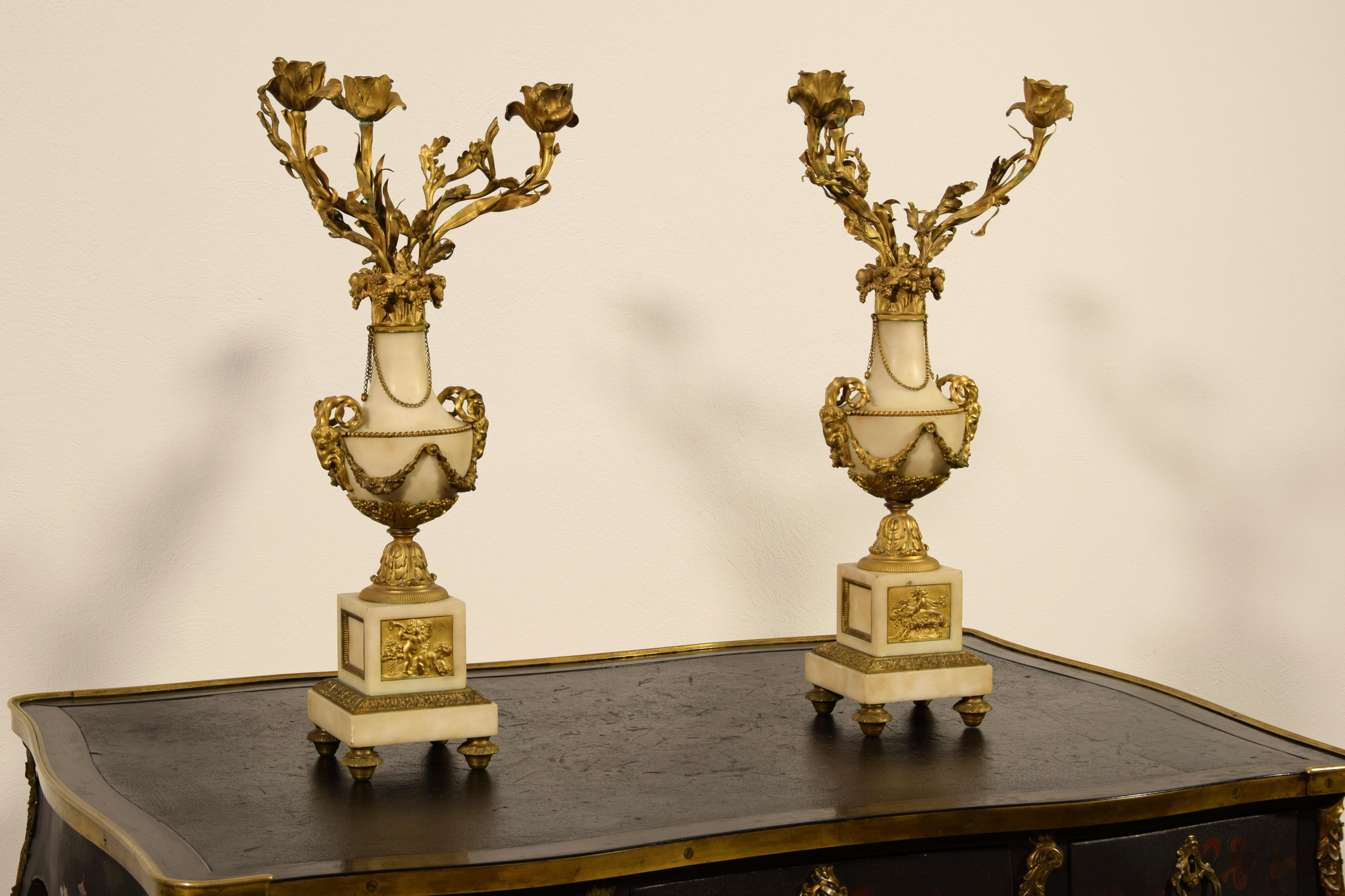 Louis XVI 19th Century, Pair of French Gilt Bronze and Marble Candelabra For Sale