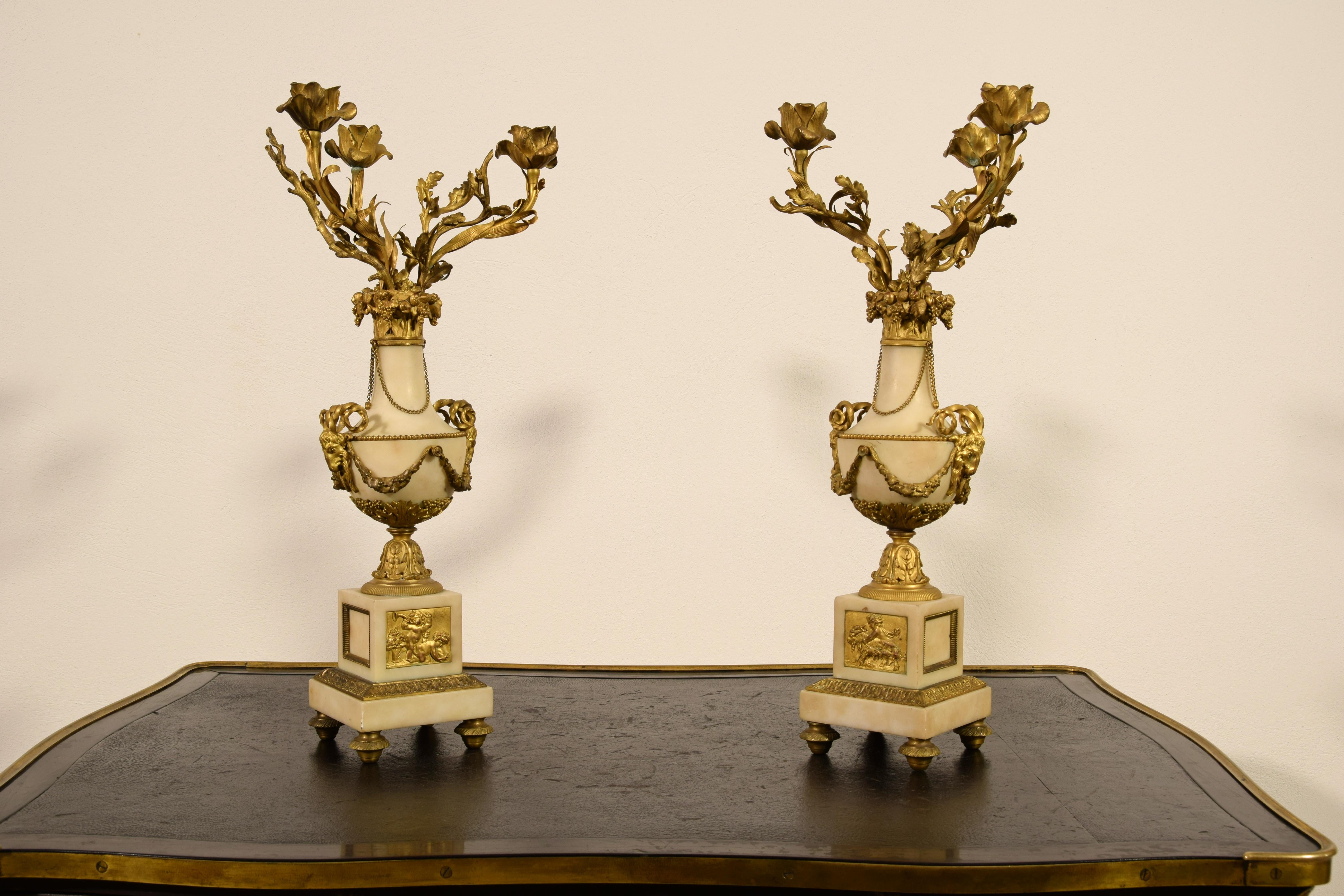 19th Century, Pair of French Gilt Bronze and Marble Candelabra For Sale 1