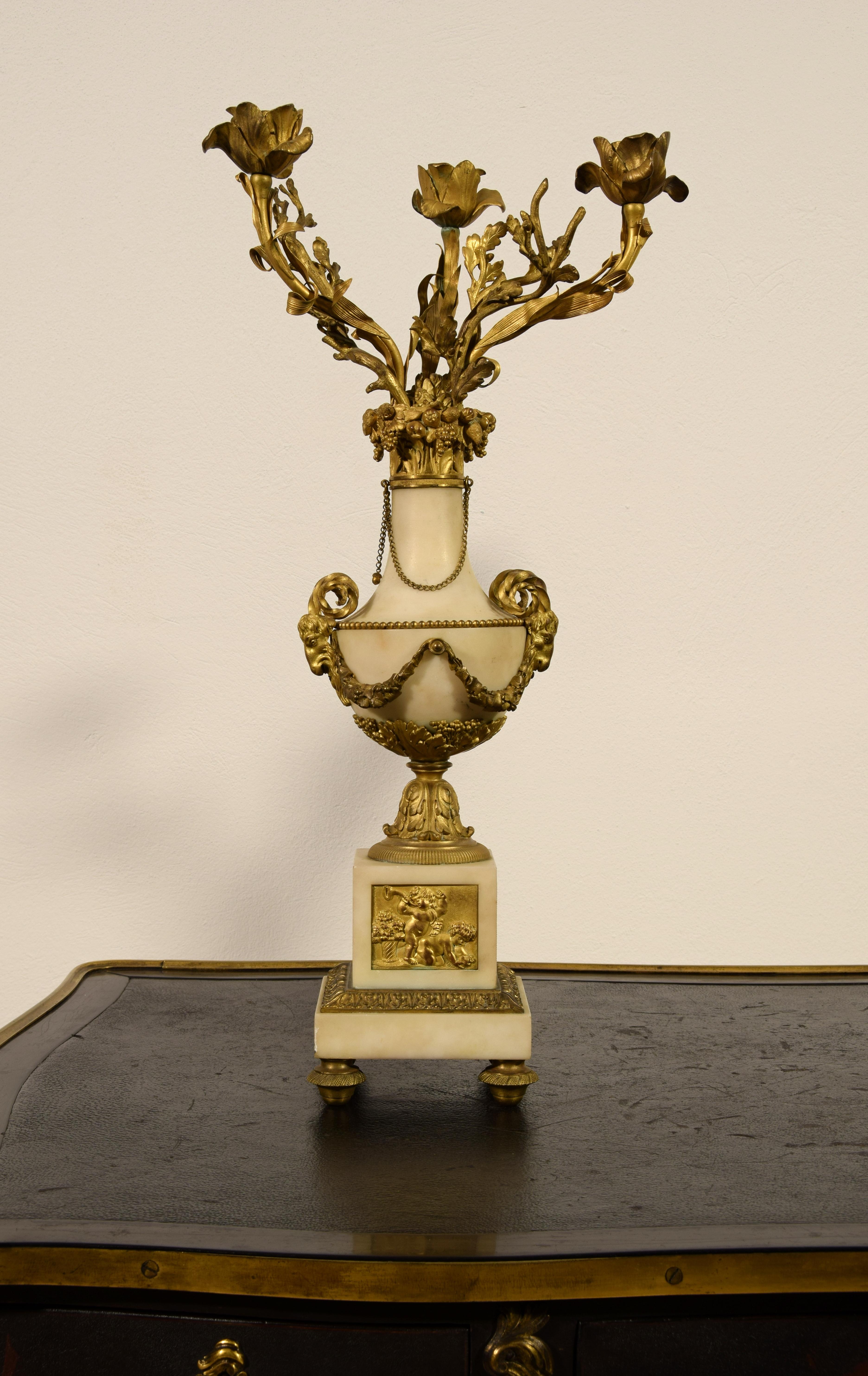 19th Century, Pair of French Gilt Bronze and Marble Candelabra For Sale 5