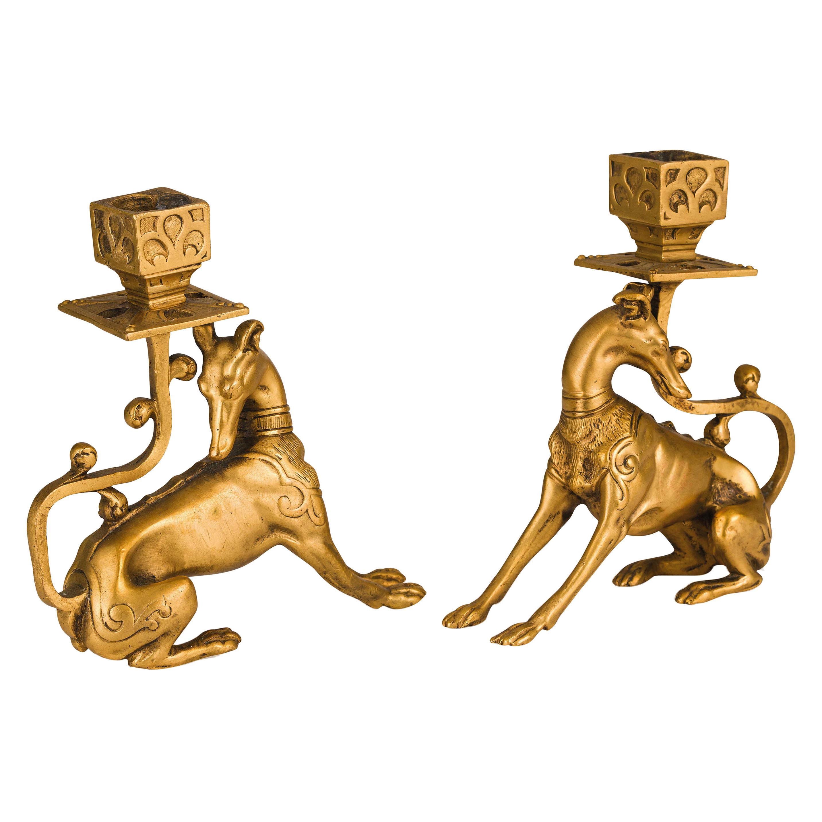 Pair of Gilt Bronze candle holder with Greyhound 