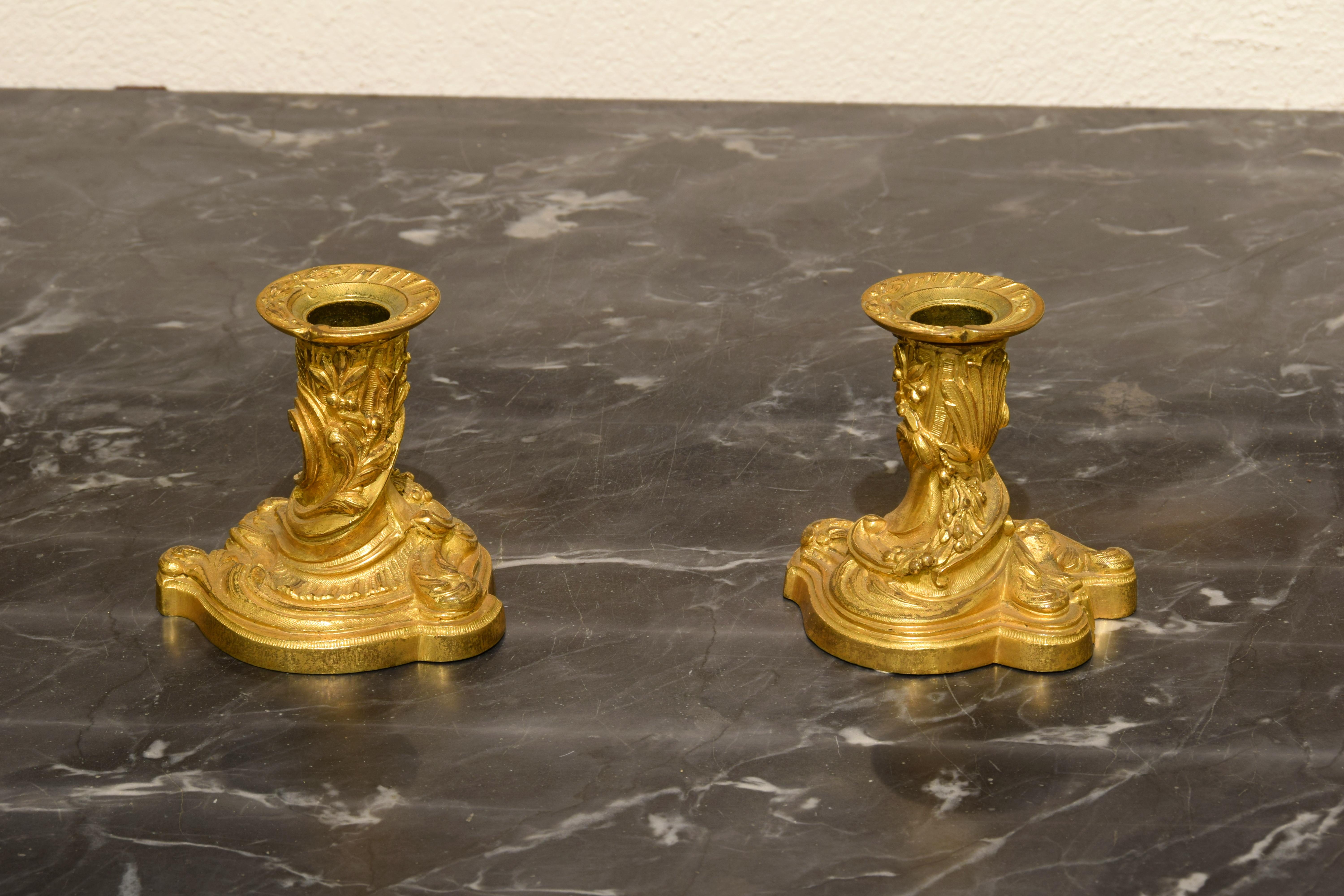  19th Century, Pair of French Gilt Bronze Candlesticks, Louis XV Style For Sale 13