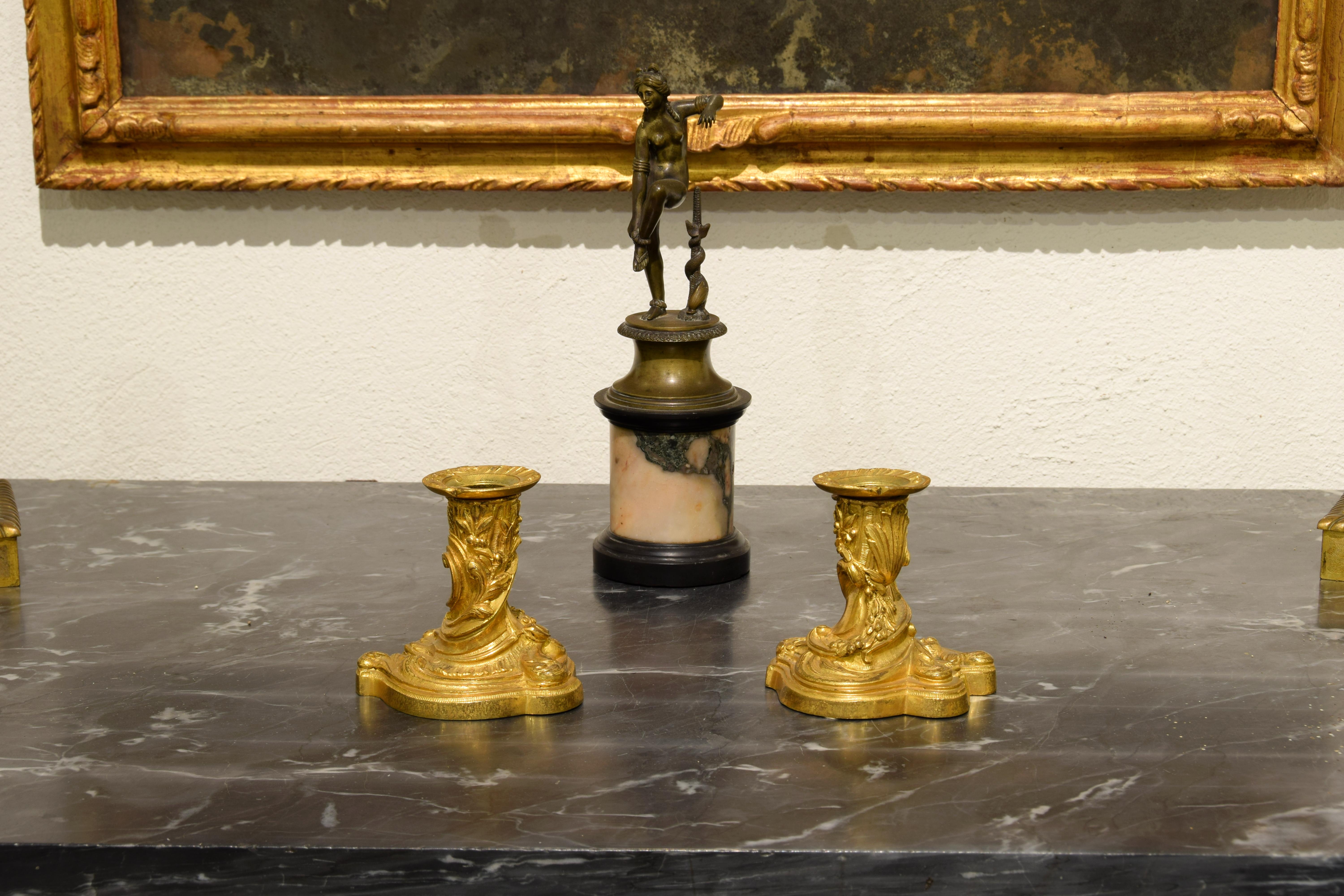  19th Century, Pair of French Gilt Bronze Candlesticks, Louis XV Style For Sale 2
