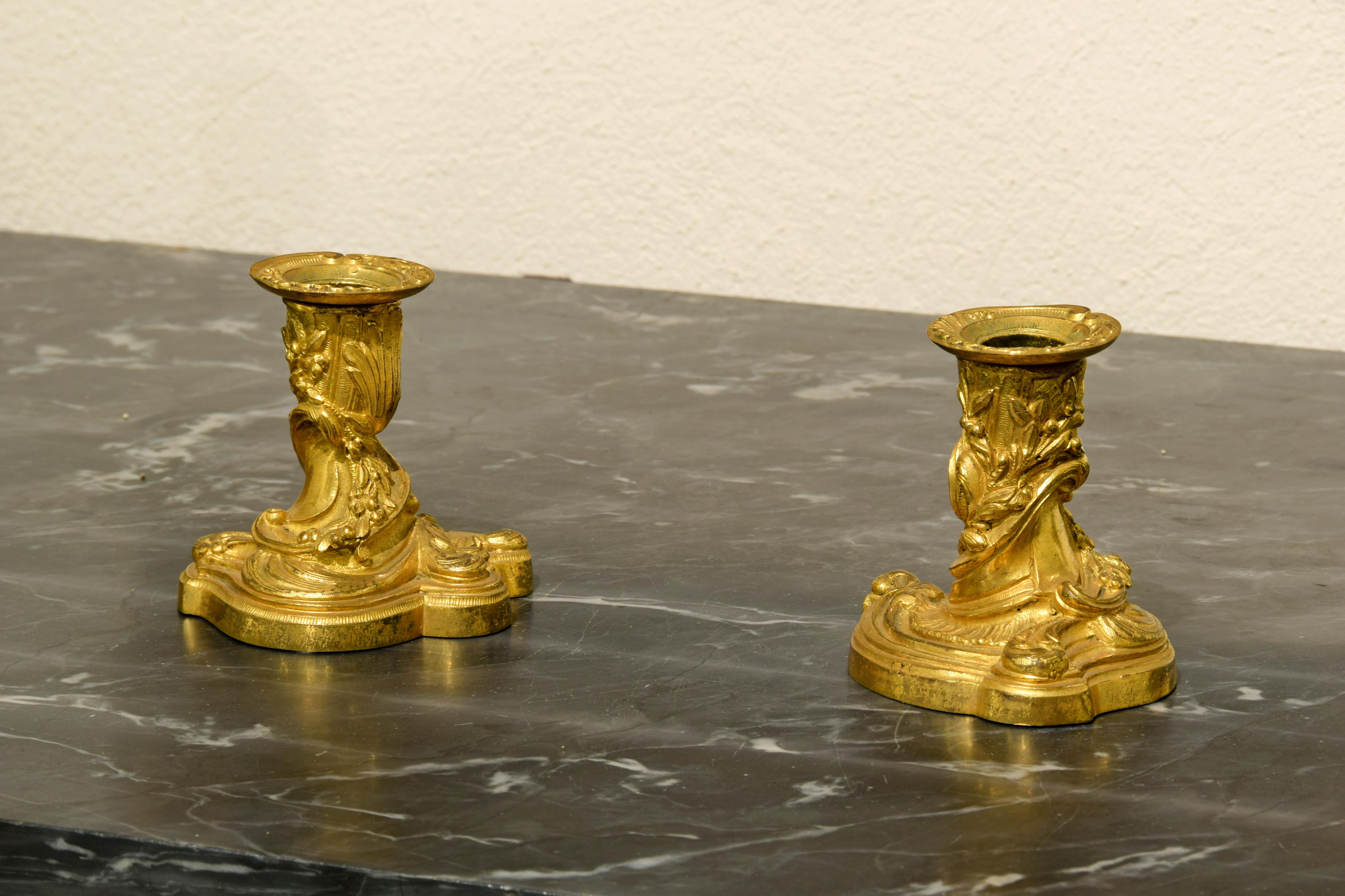  19th Century, Pair of French Gilt Bronze Candlesticks, Louis XV Style For Sale 3