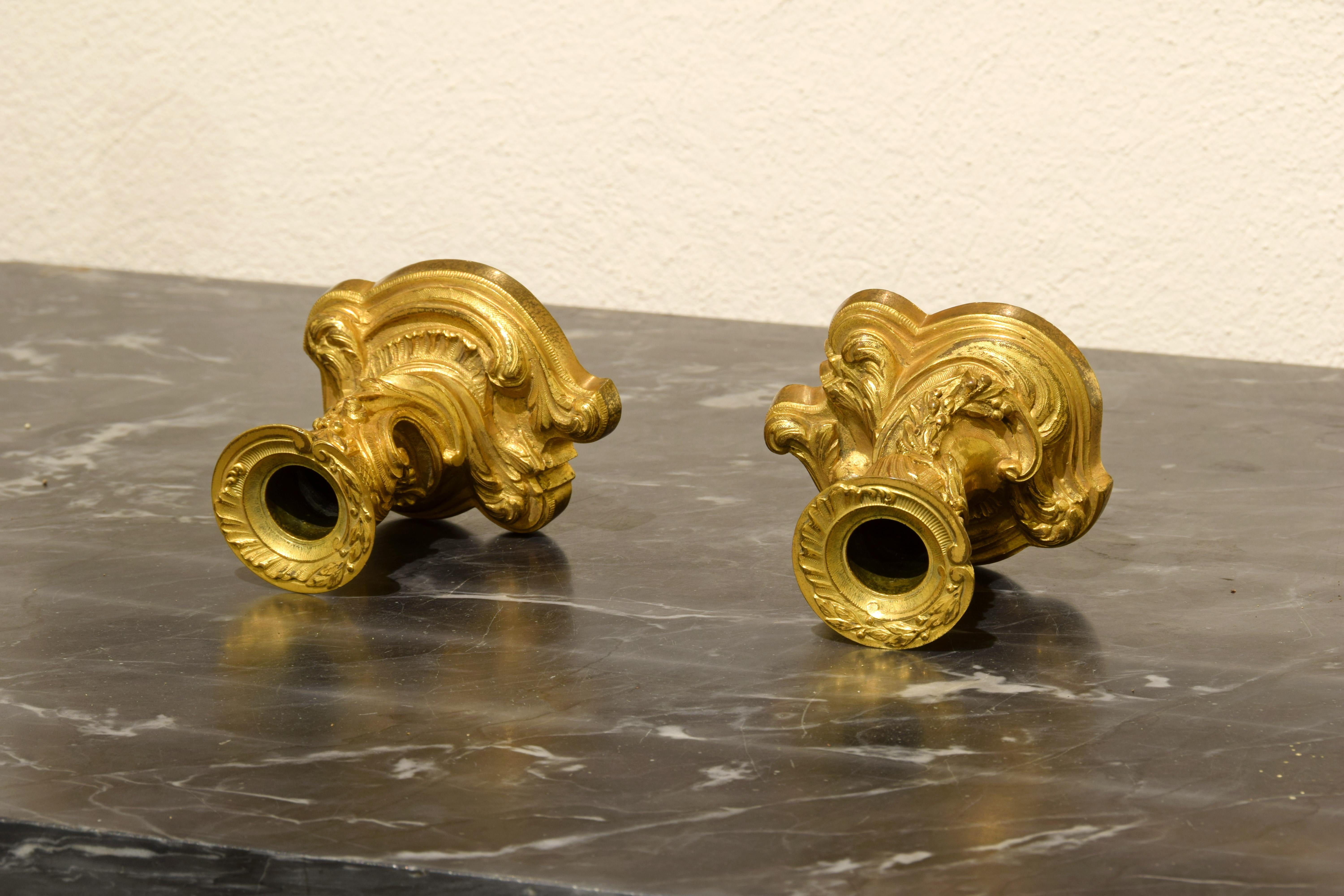  19th Century, Pair of French Gilt Bronze Candlesticks, Louis XV Style For Sale 5