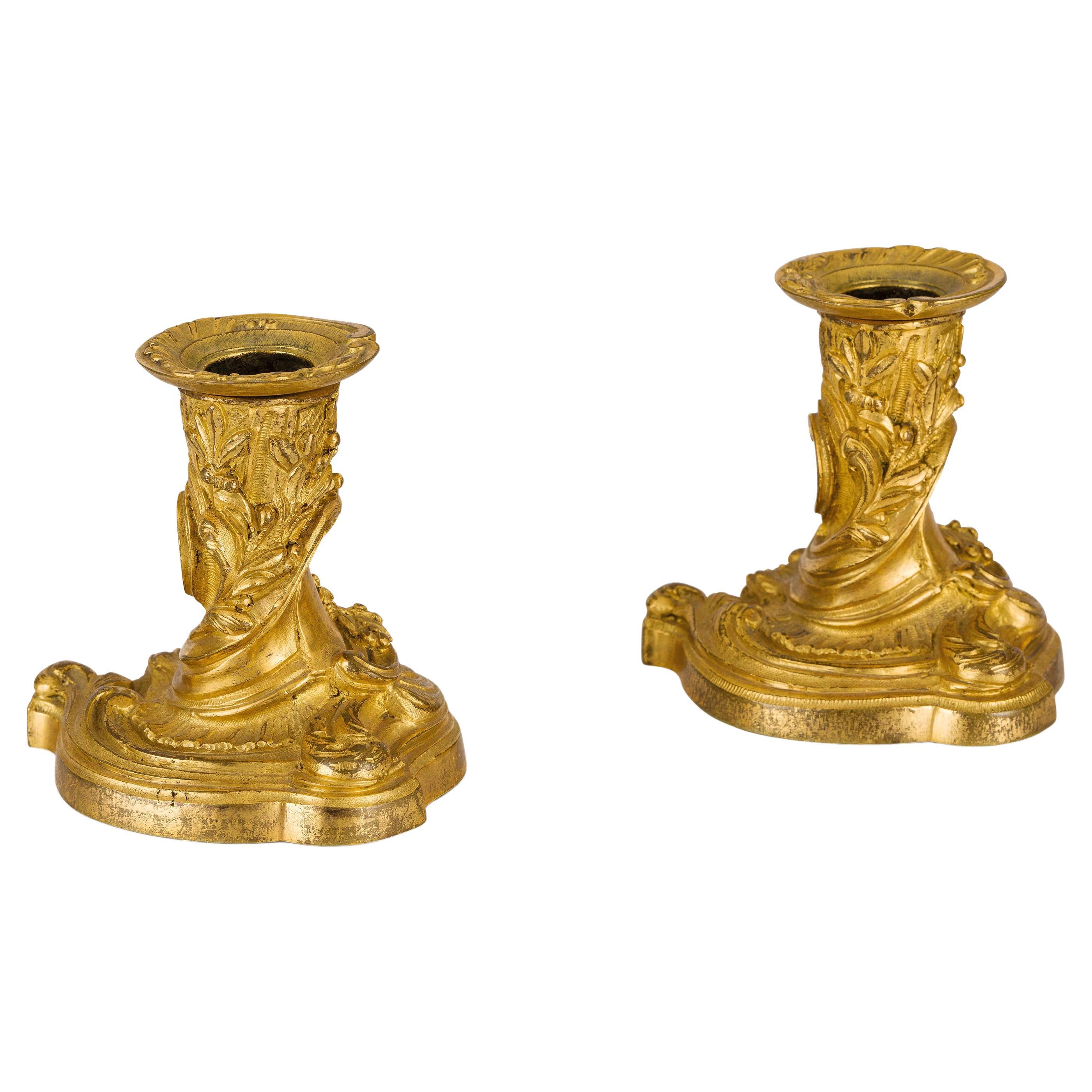  19th Century, Pair of French Gilt Bronze Candlesticks, Louis XV Style For Sale