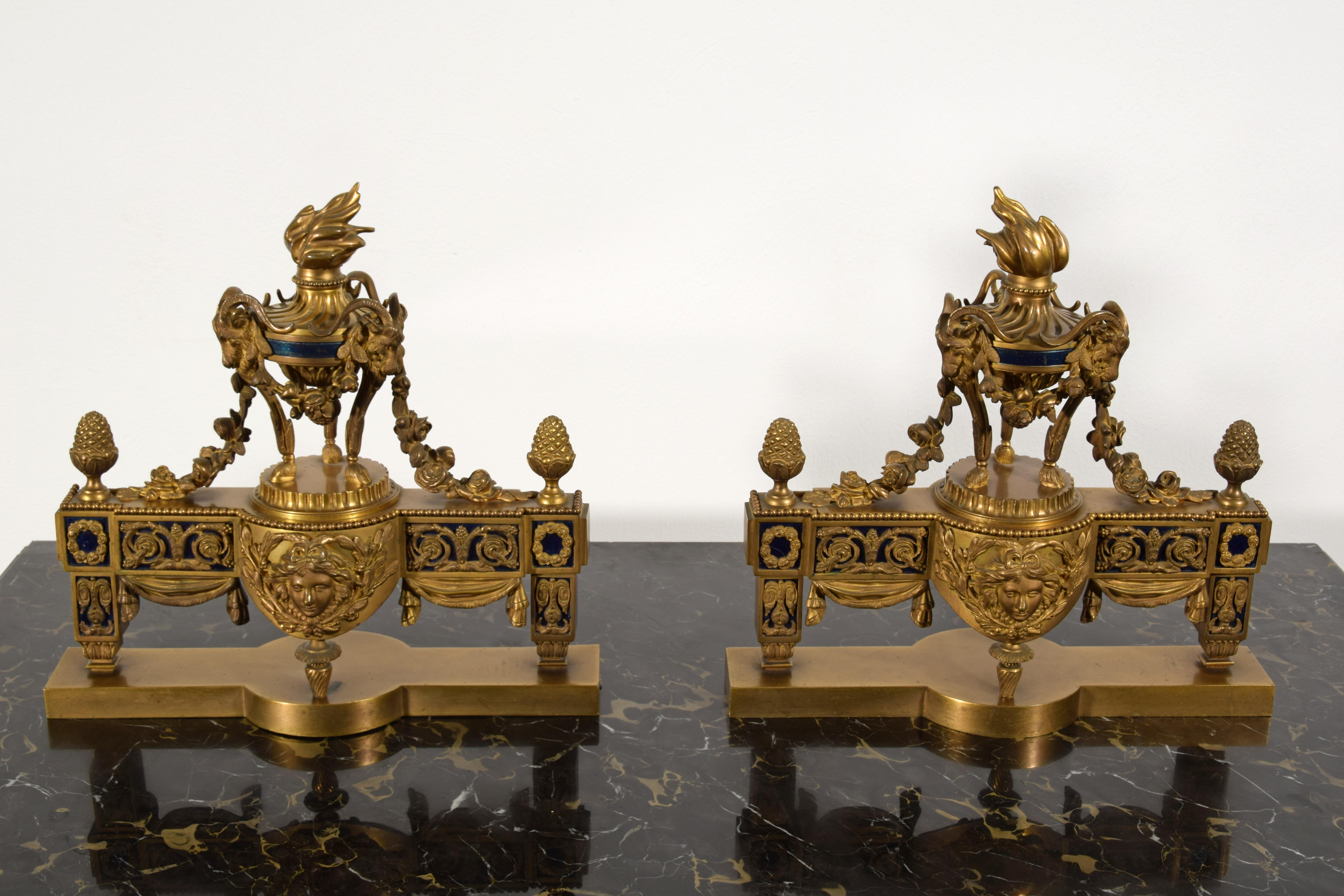 19th Century, Pair of French Gilt Bronze Fireplace Chenets For Sale 12