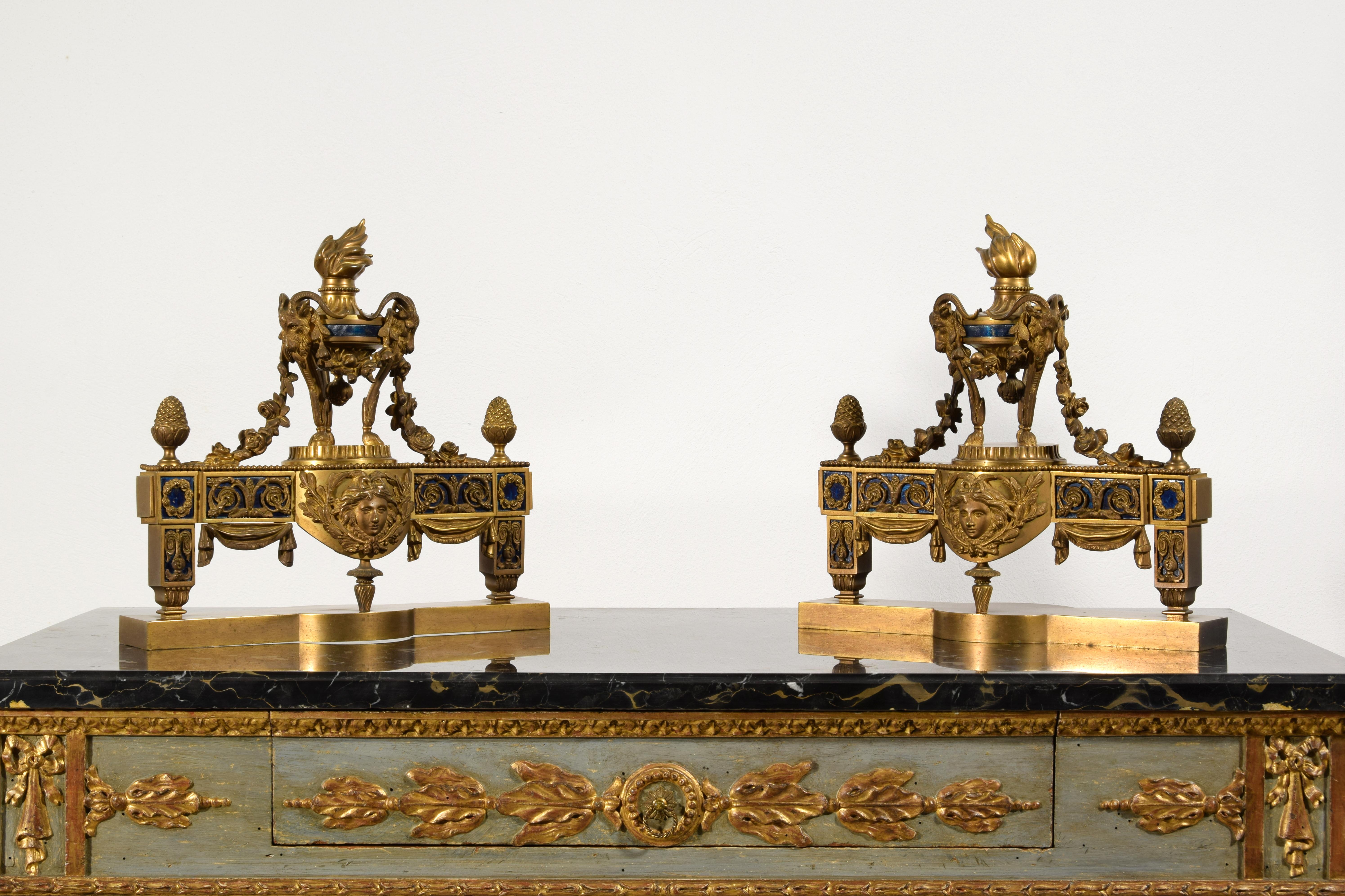 Louis XVI 19th Century, Pair of French Gilt Bronze Fireplace Chenets For Sale