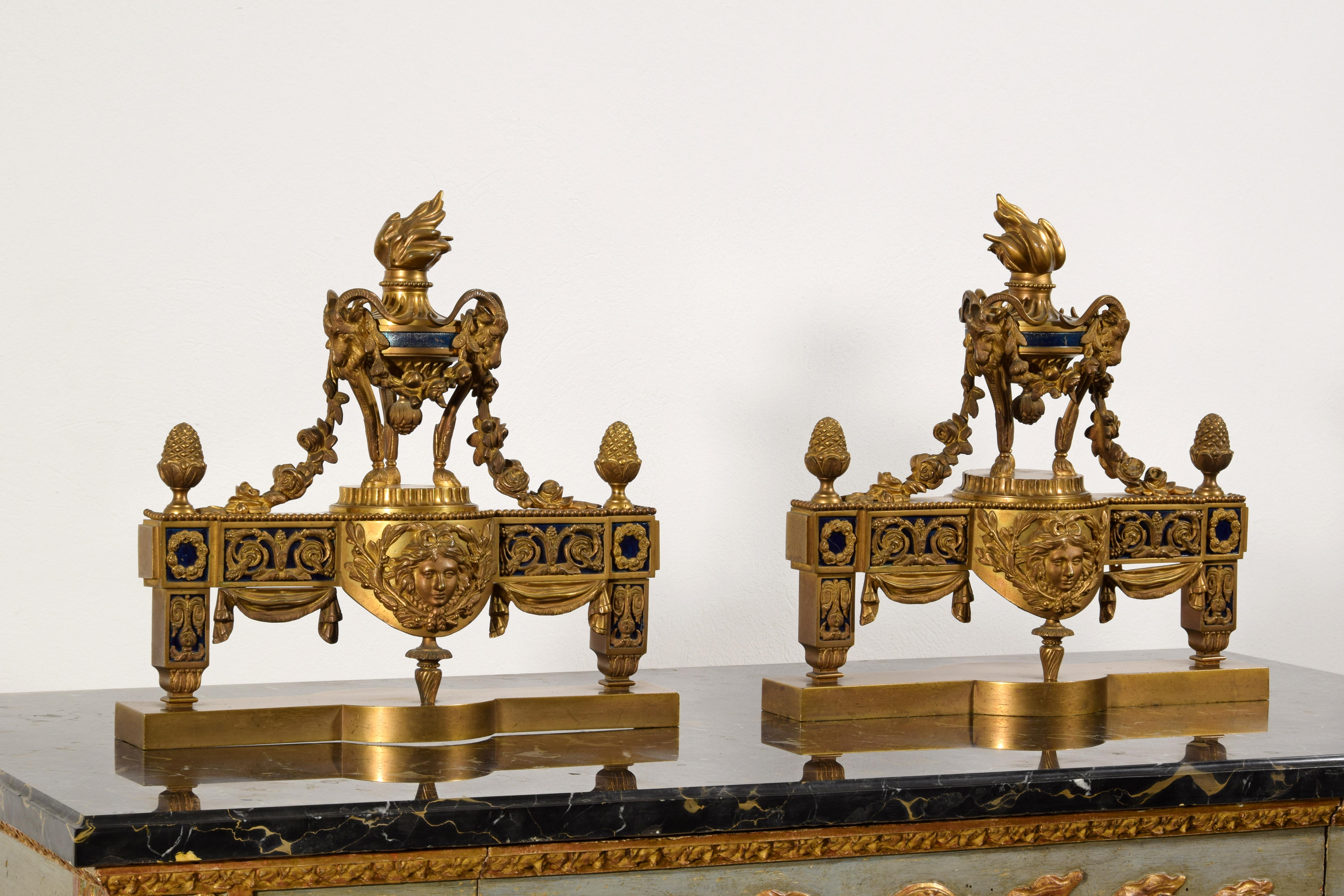 19th Century, Pair of French Gilt Bronze Fireplace Chenets For Sale 1