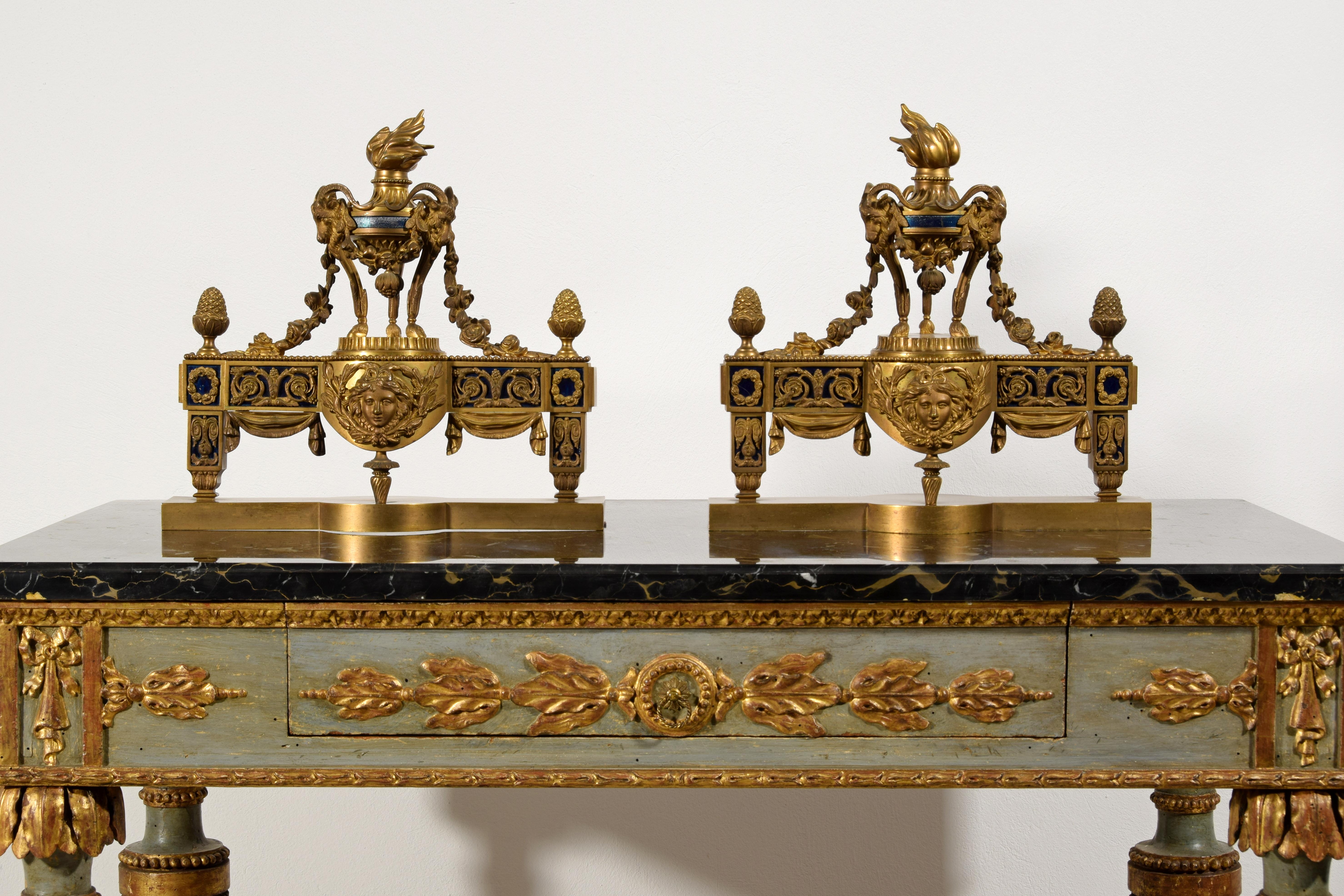 19th Century, Pair of French Gilt Bronze Fireplace Chenets For Sale 2