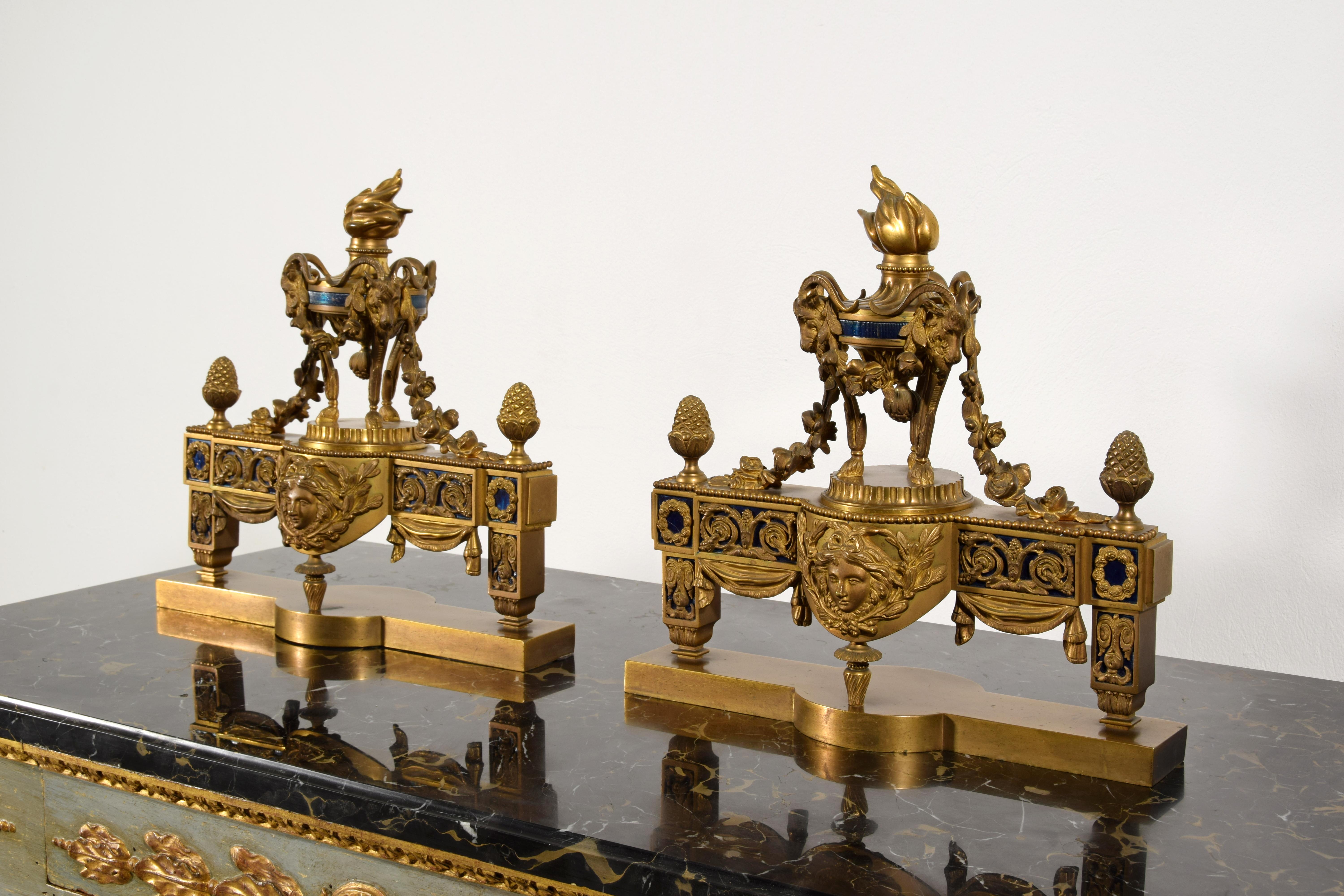 19th Century, Pair of French Gilt Bronze Fireplace Chenets For Sale 4