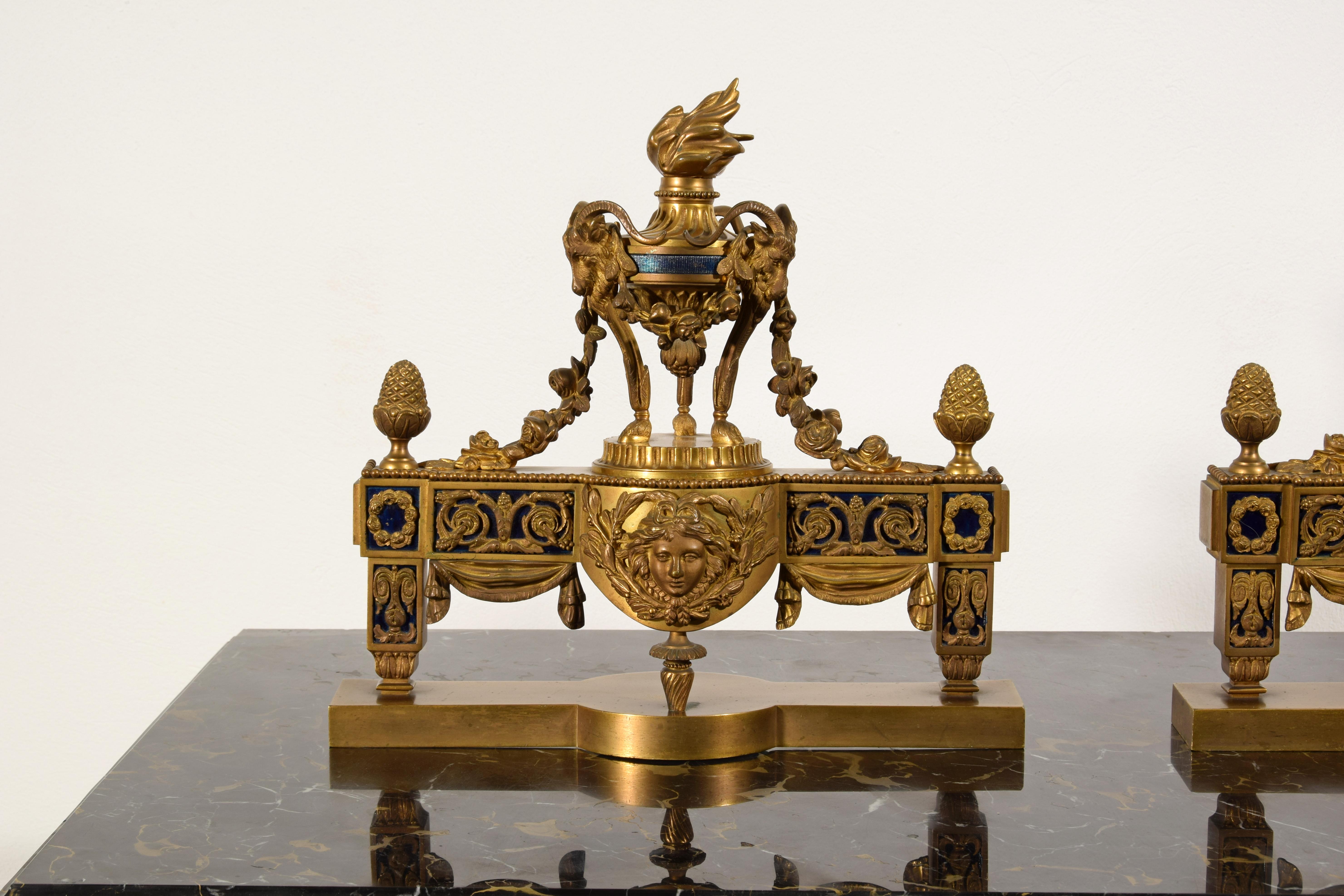 19th Century, Pair of French Gilt Bronze Fireplace Chenets For Sale 5