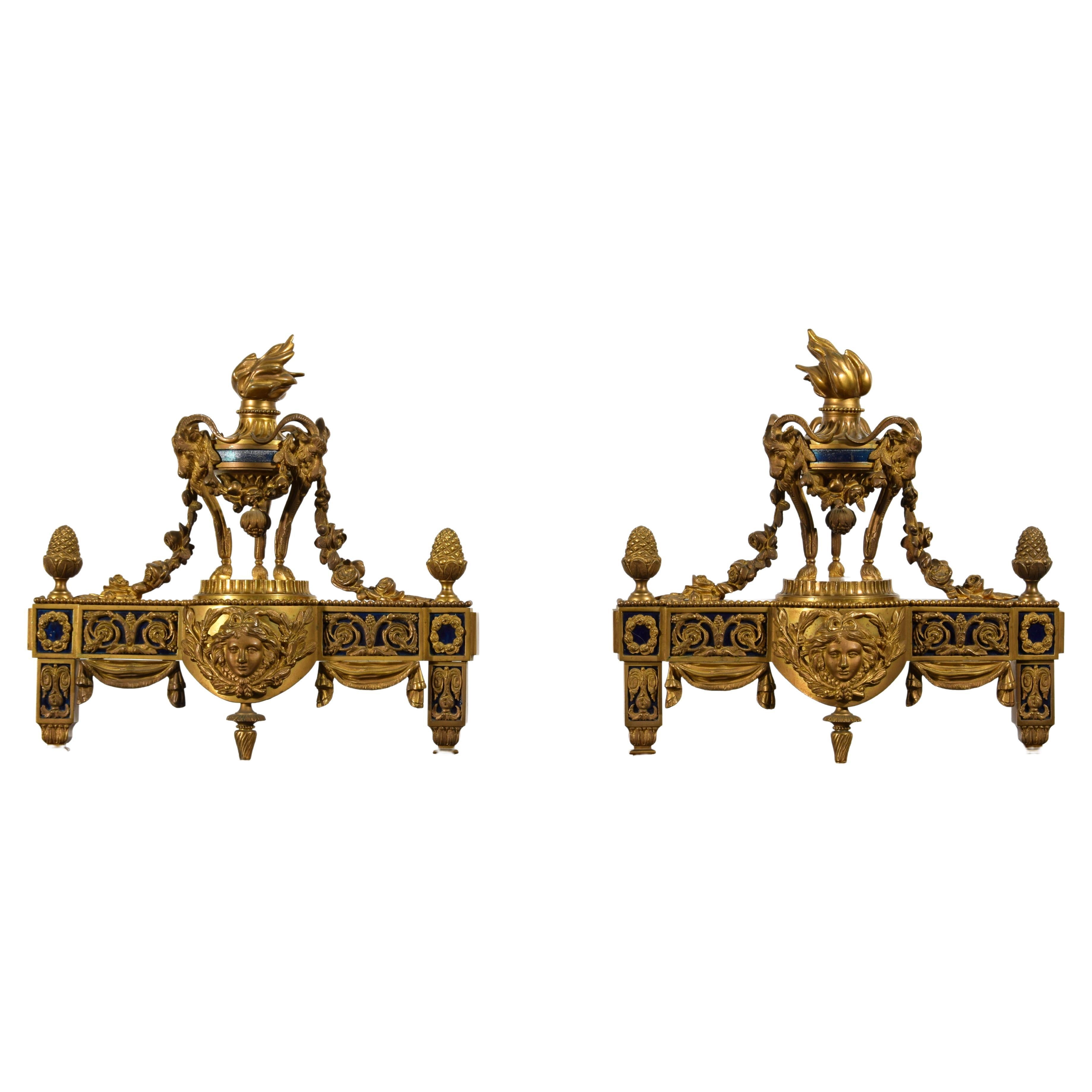 19th Century, Pair of French Gilt Bronze Fireplace Chenets For Sale