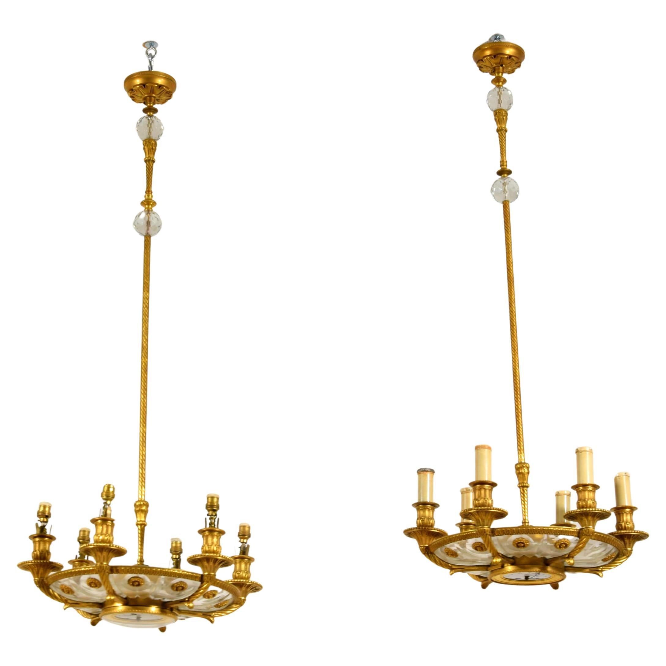 19th Century, Pair of French Gilt Bronze Six Lights Chandeliers