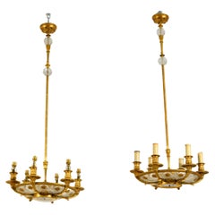 19th Century, Pair of French Gilt Bronze Six Lights Chandeliers