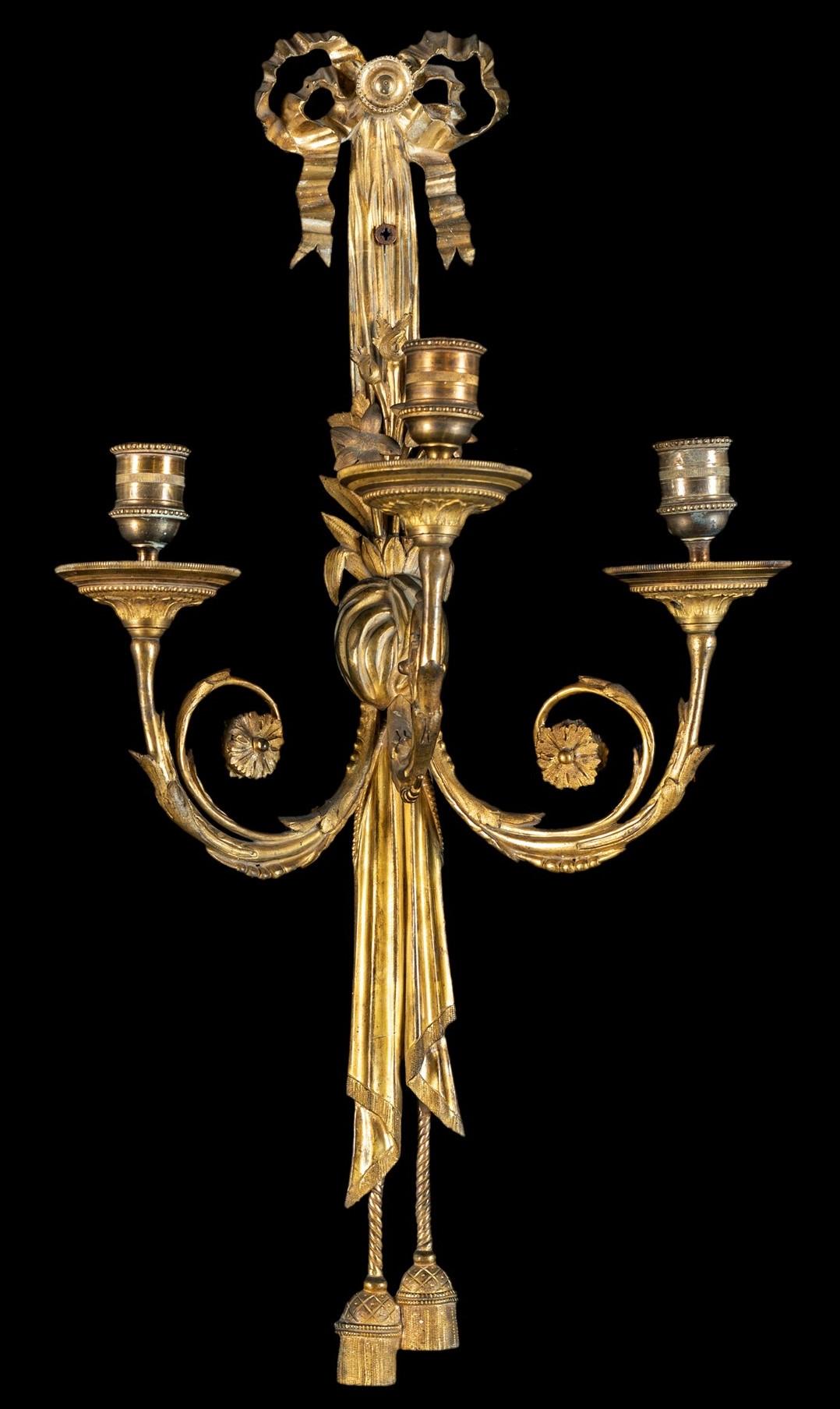 Louis XVI 19th Century, Pair of French Gilt Bronze Three-Light Sconces