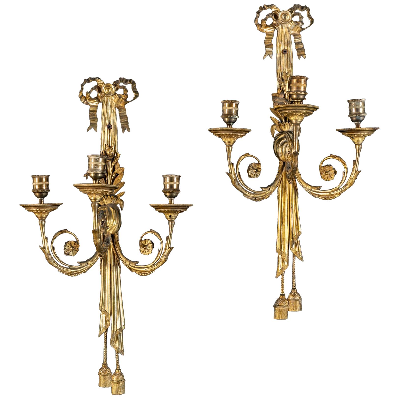 19th Century, Pair of French Gilt Bronze Three-Light Sconces