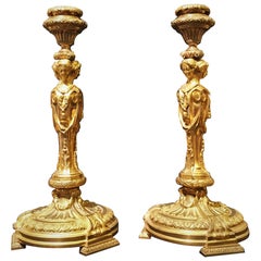 19th Century, Pair of French Git Bronze Candlesticks with Vestals 