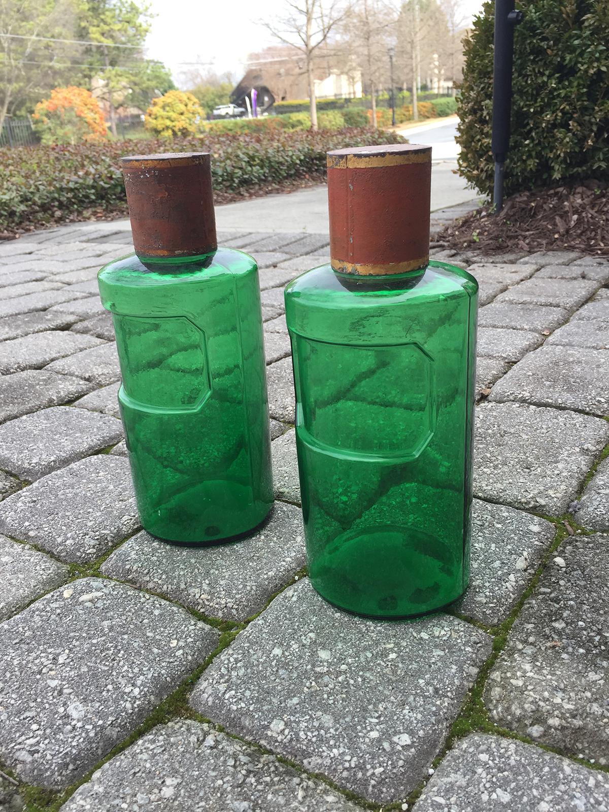 19th Century Pair of French Hand Blown Green Glass Apothecary Jars, Tole Lids In Good Condition In Atlanta, GA