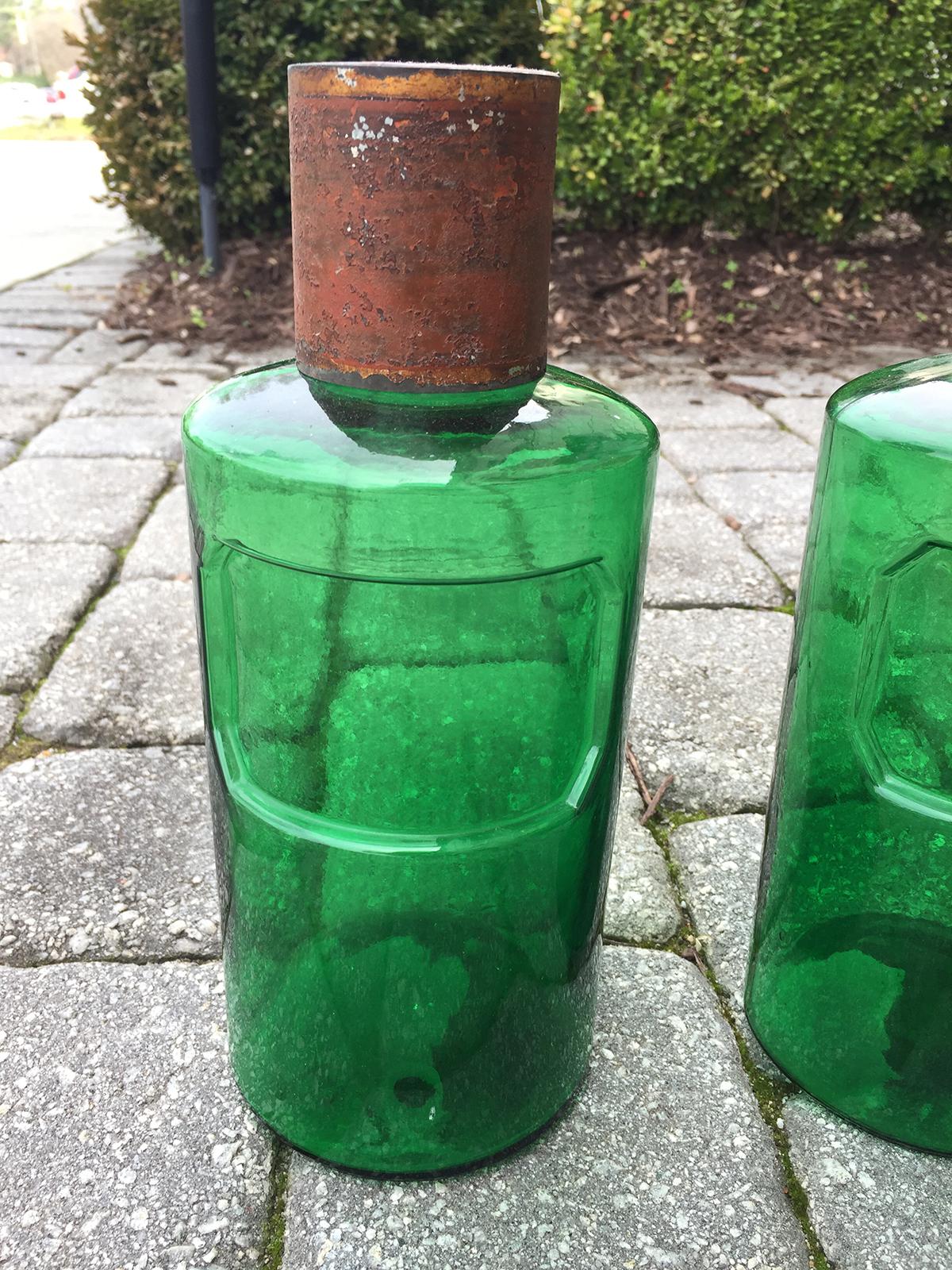 Blown Glass 19th Century Pair of French Hand Blown Green Glass Apothecary Jars, Tole Lids