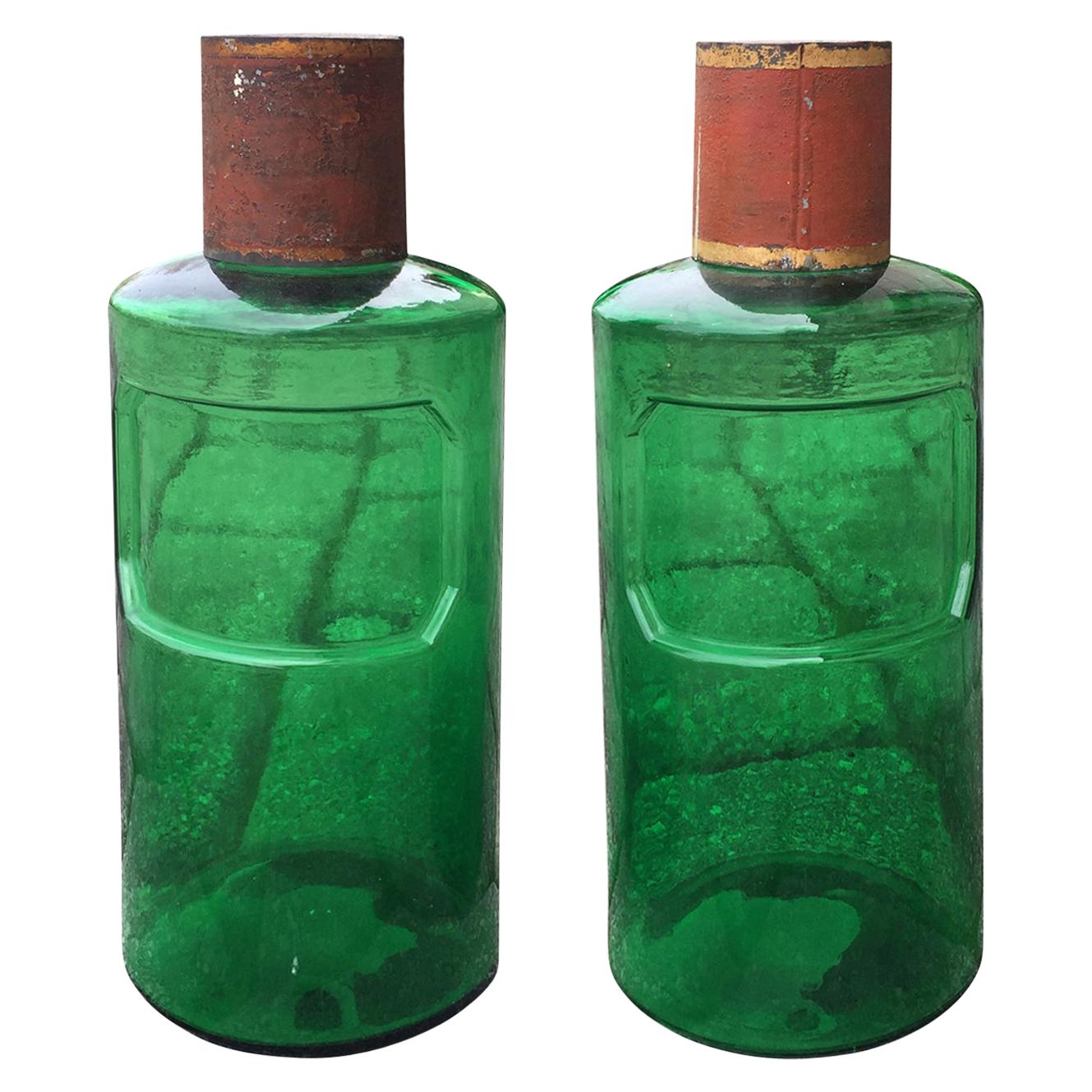 19th Century Pair of French Hand Blown Green Glass Apothecary Jars, Tole Lids