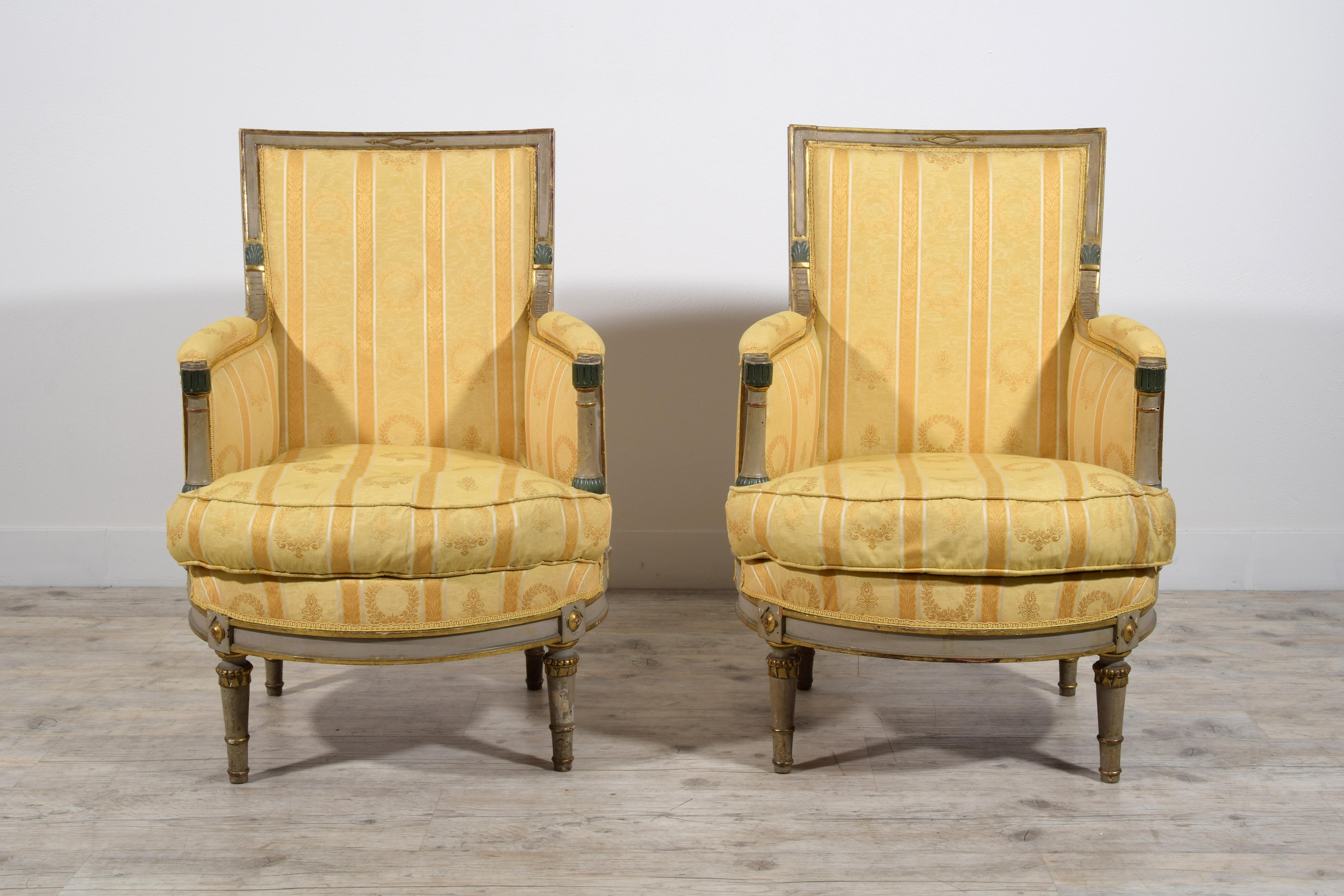 19th Century, Pair of French Lacquered and Giltwood Armchairs For Sale 8